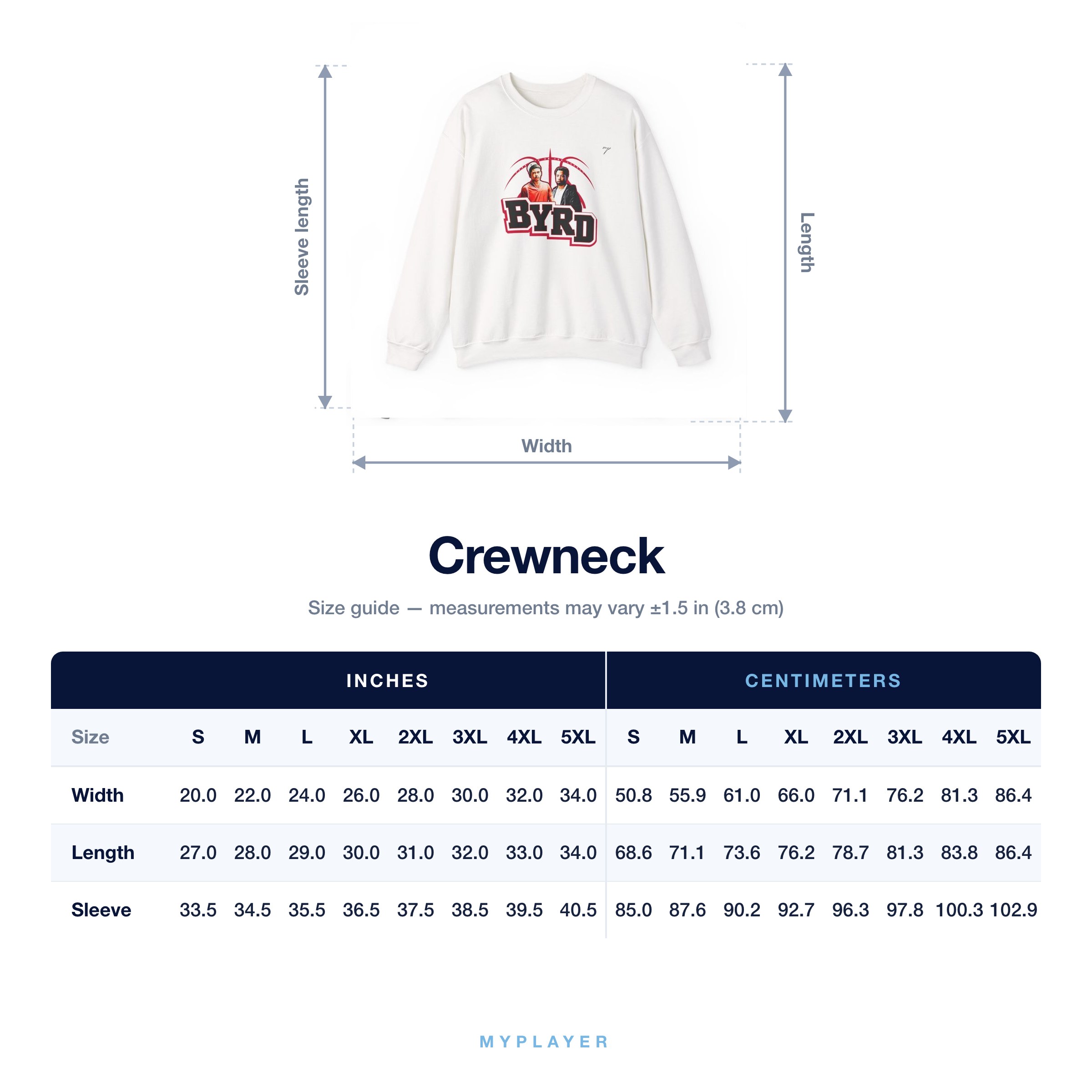 Crewneck size chart