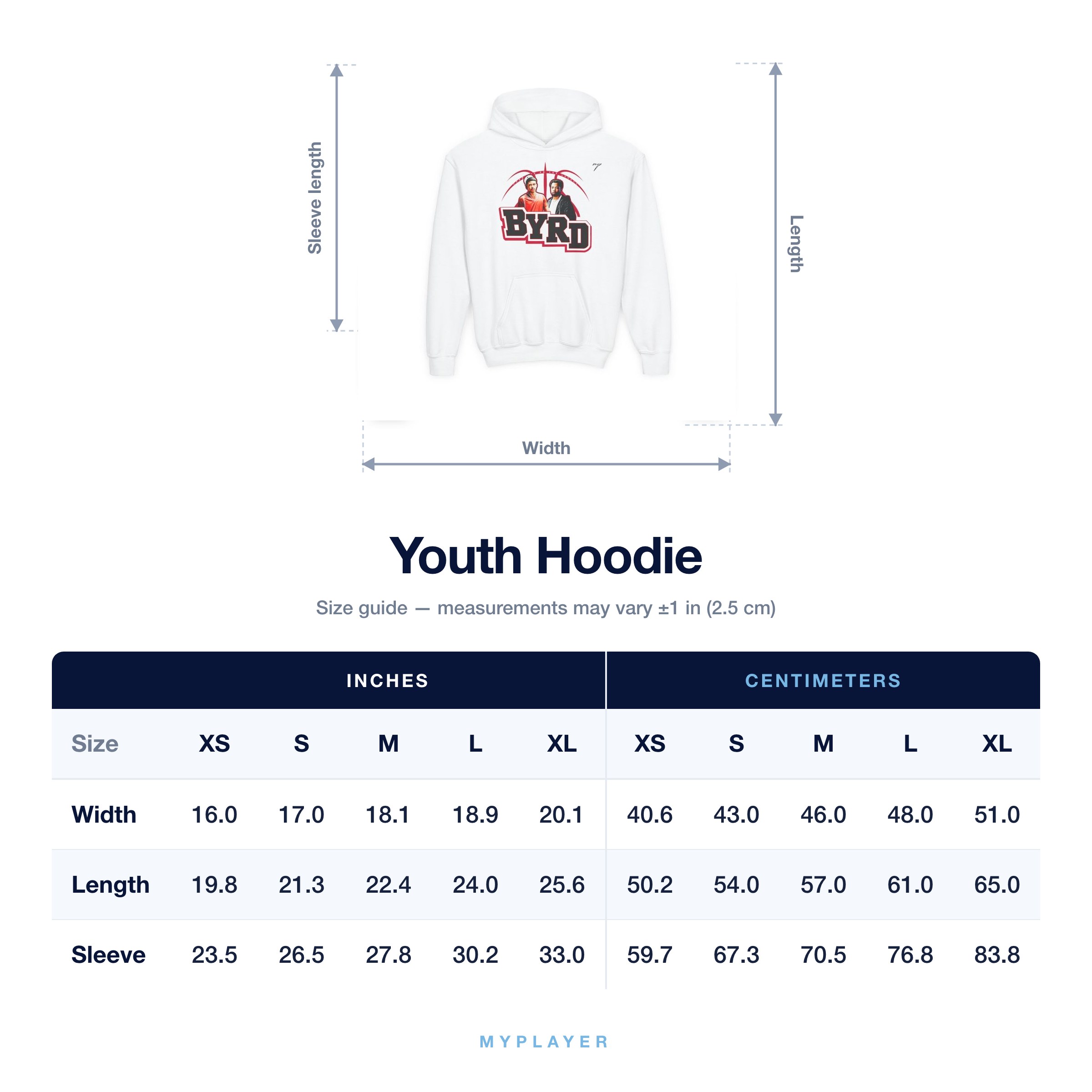 Youth Hoodie size chart