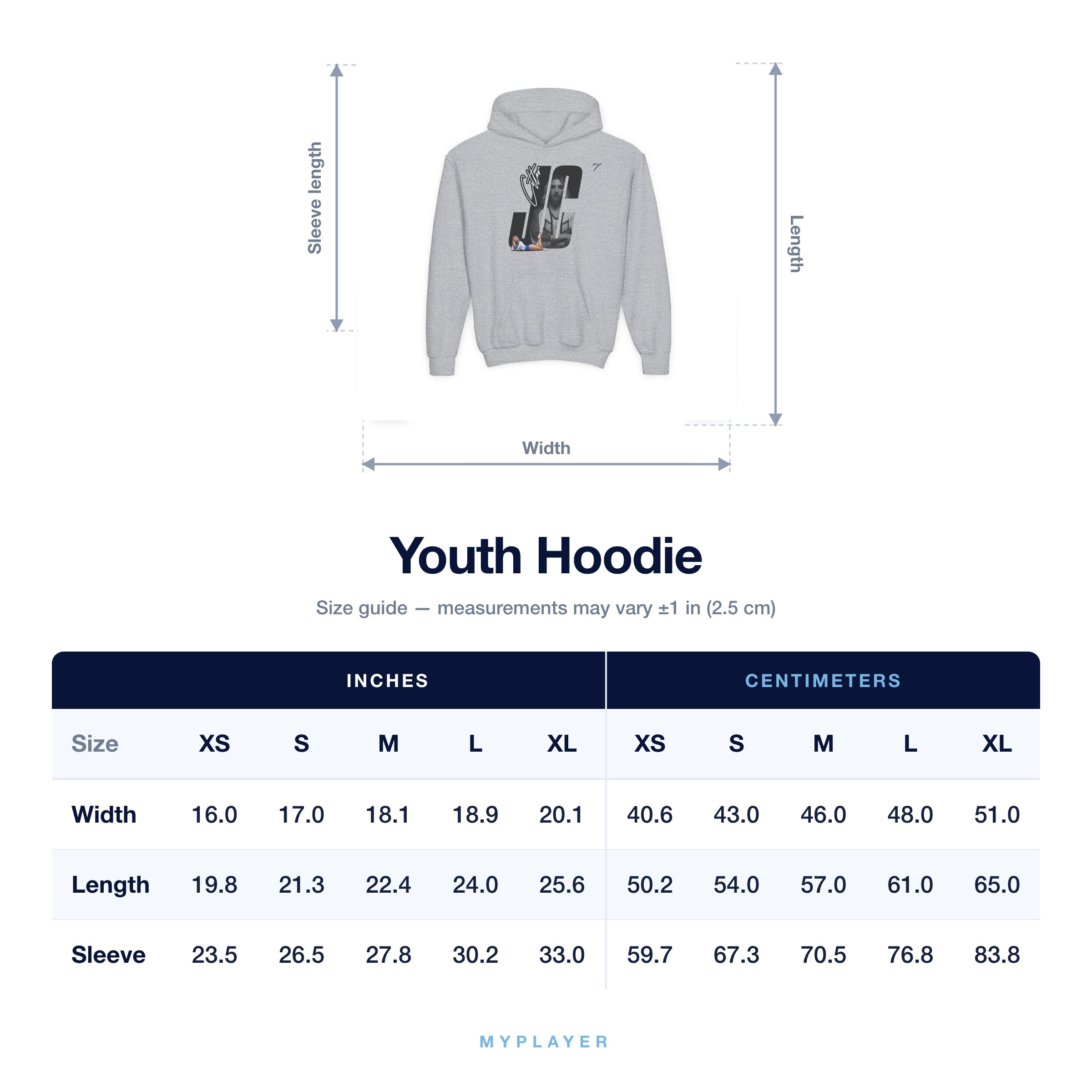 Youth Hoodie size chart