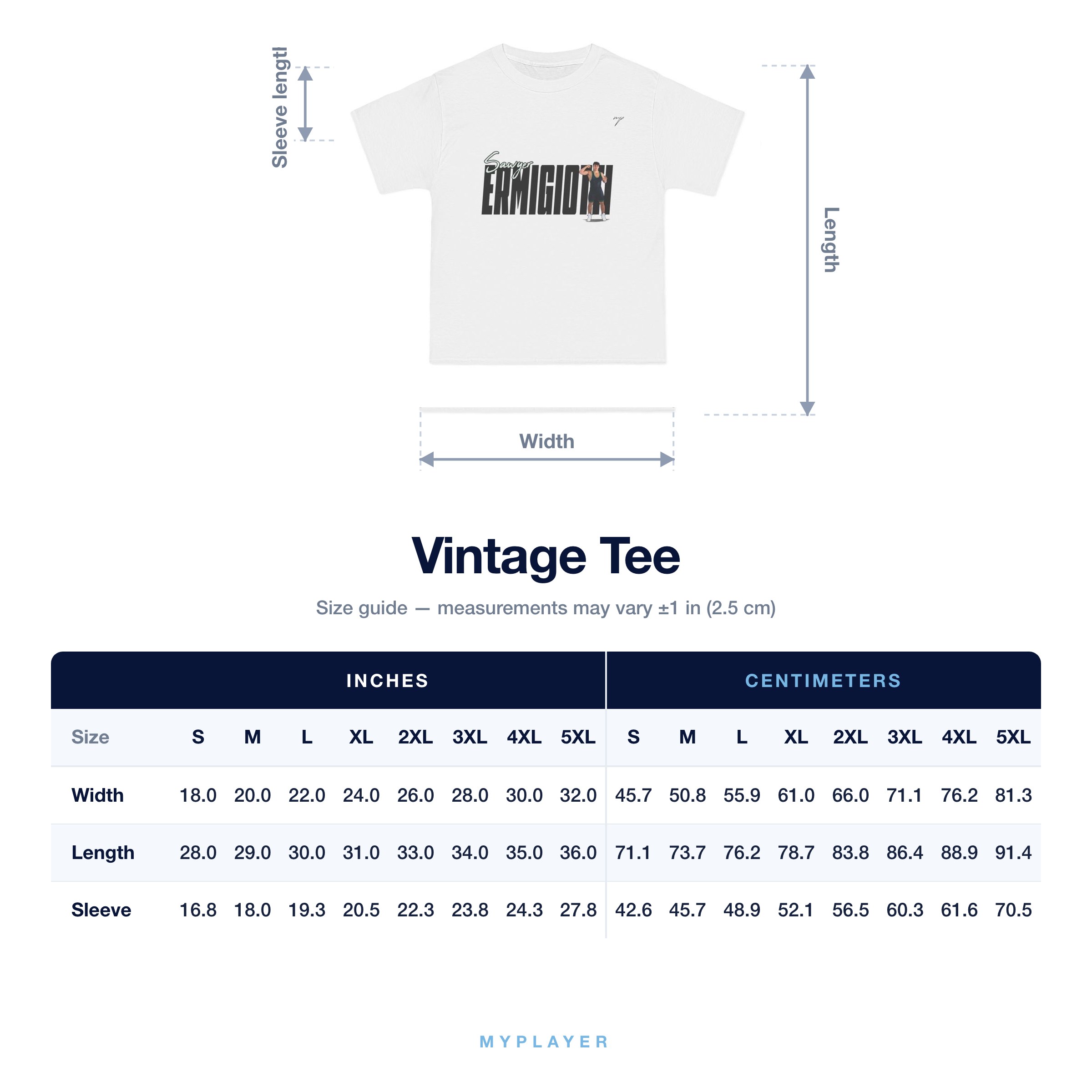 Vintage Tee size chart