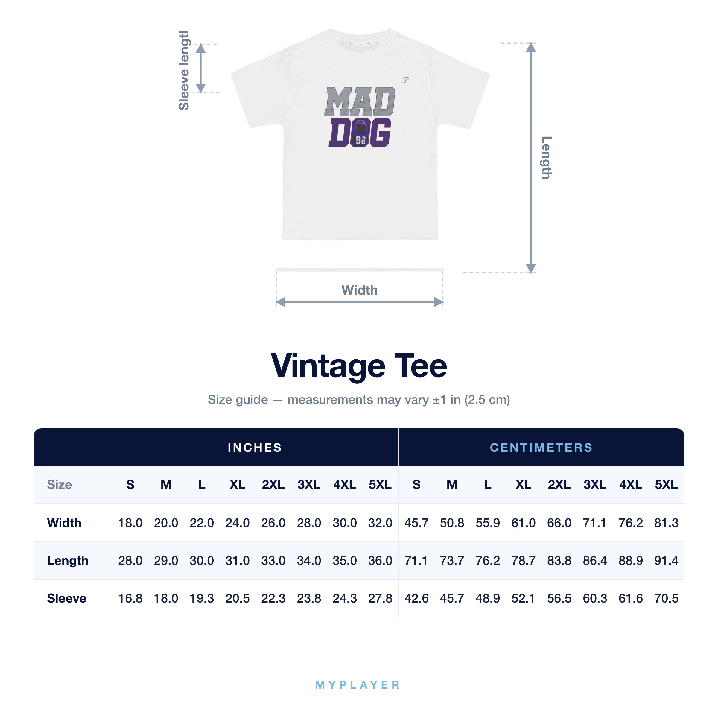 Vintage Tee size chart
