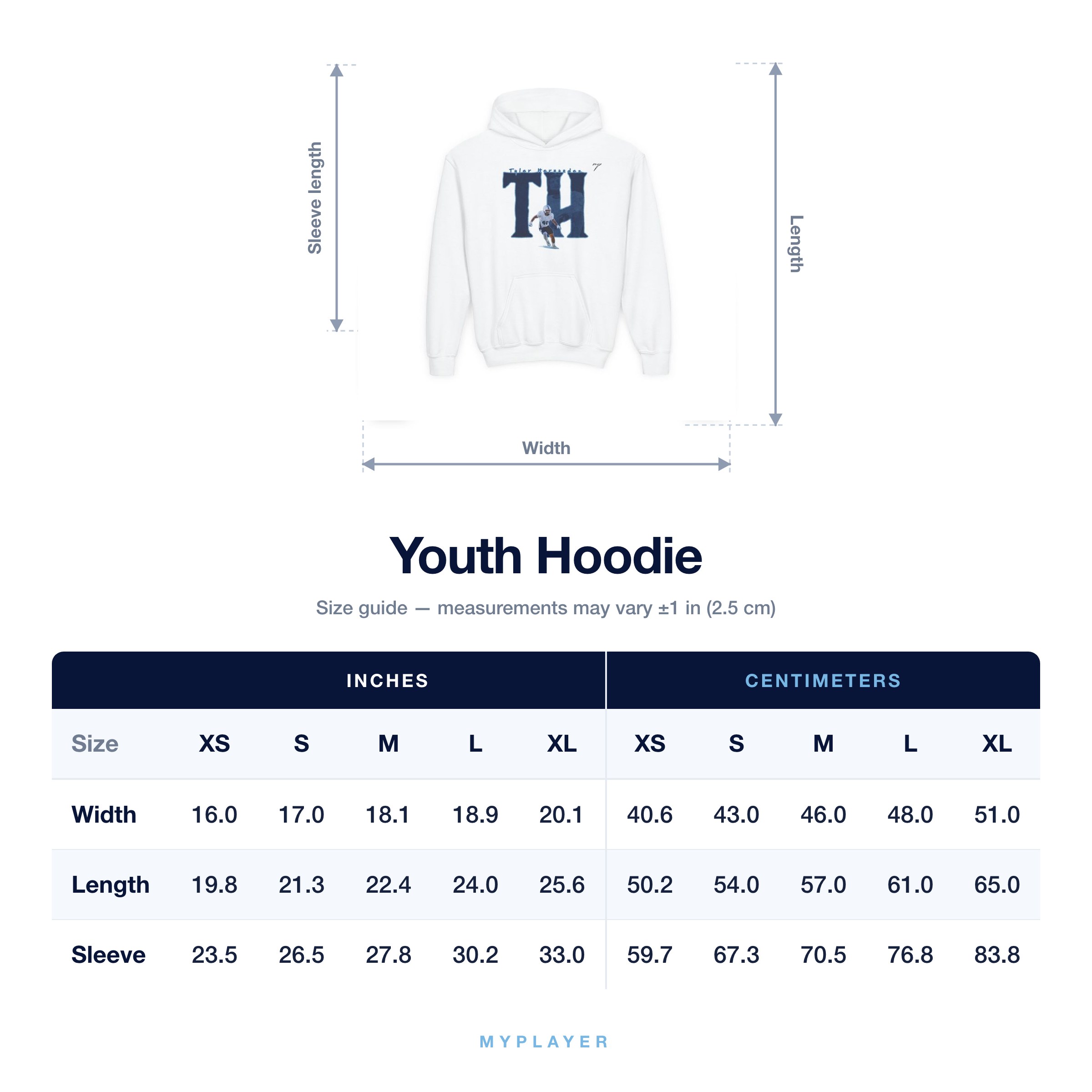 Youth Hoodie size chart
