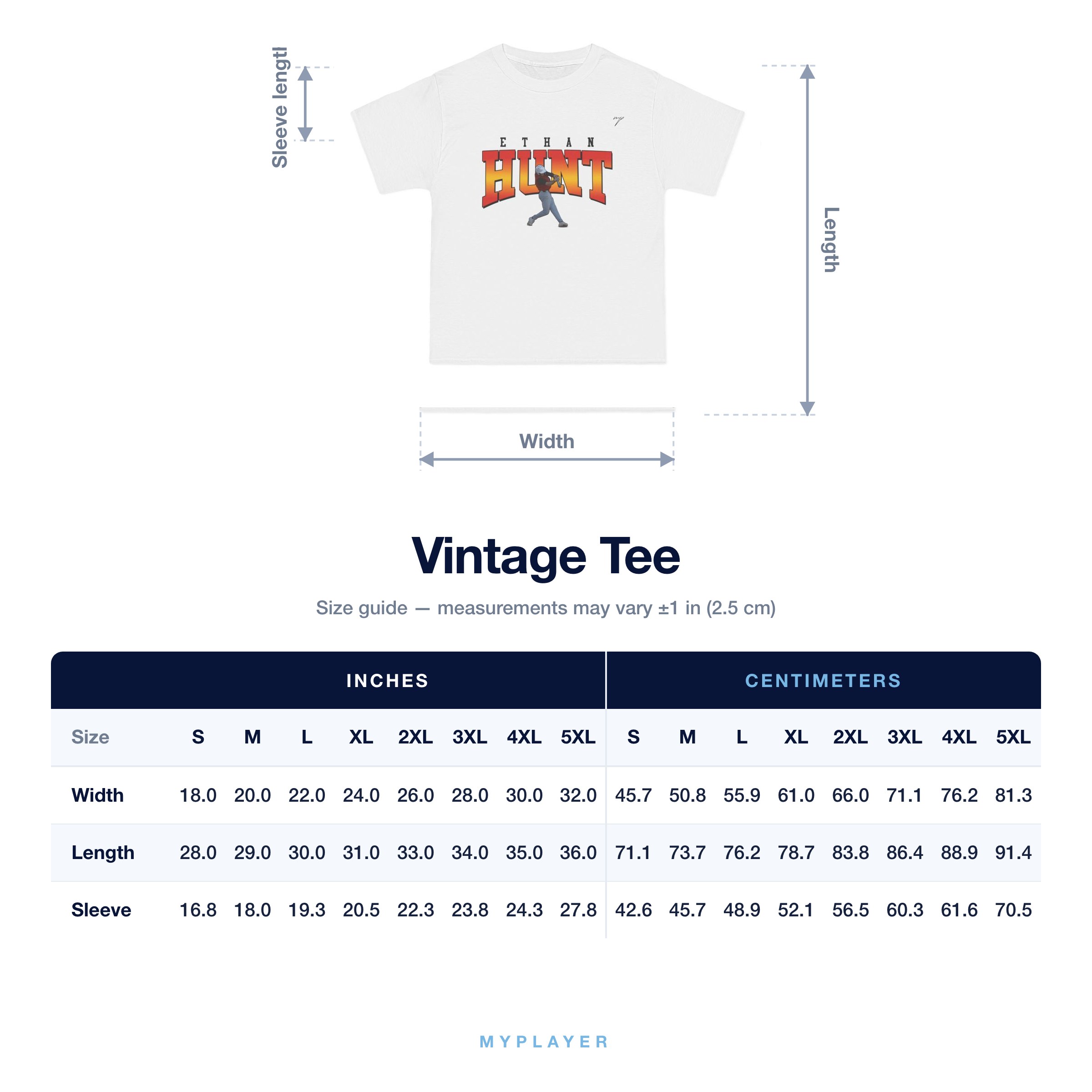 Vintage Tee size chart