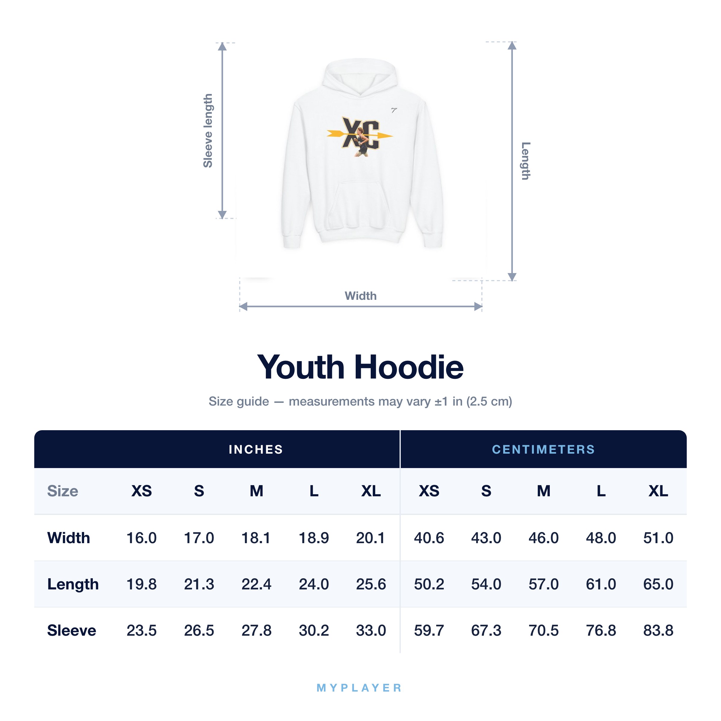 Youth Hoodie size chart