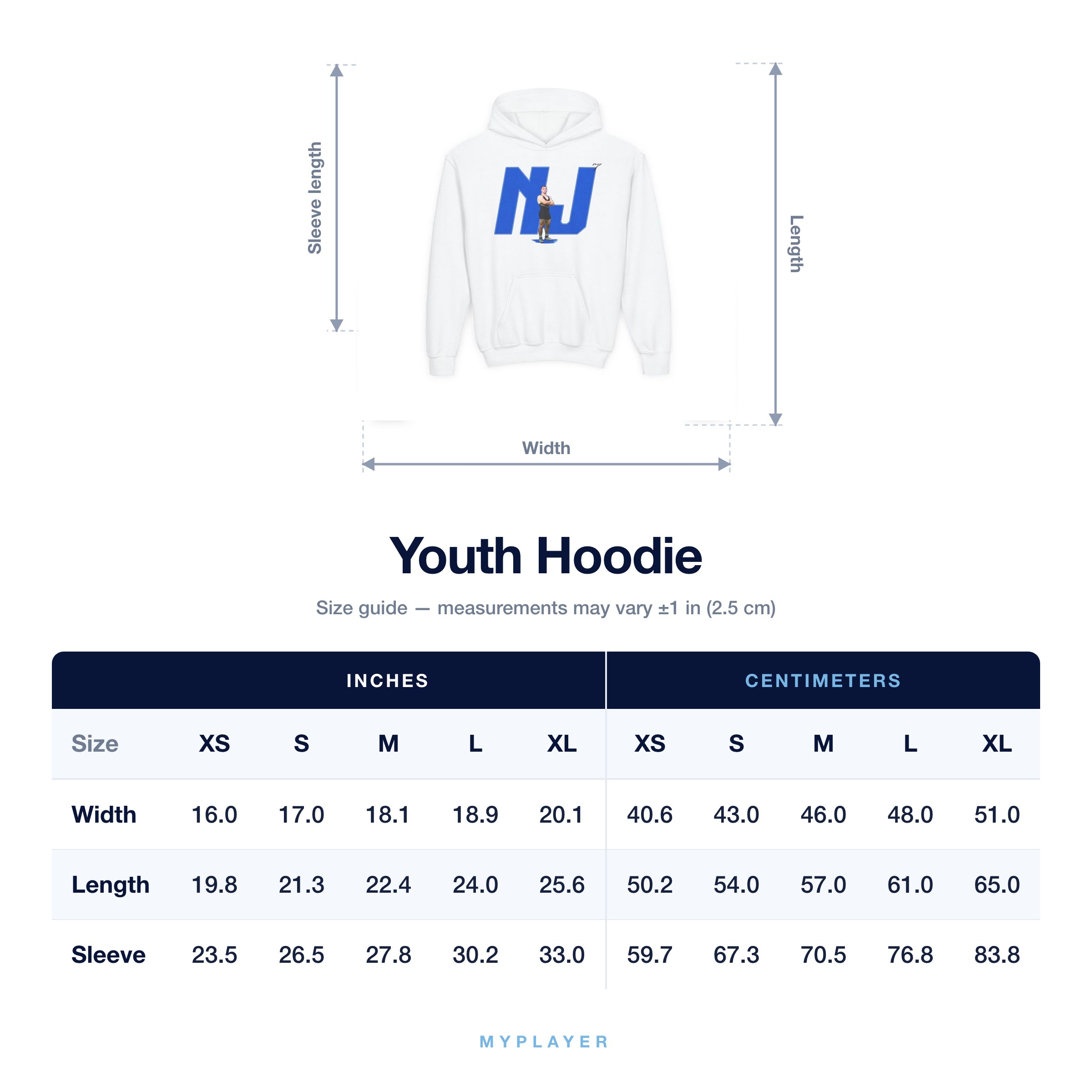 Youth Hoodie size chart