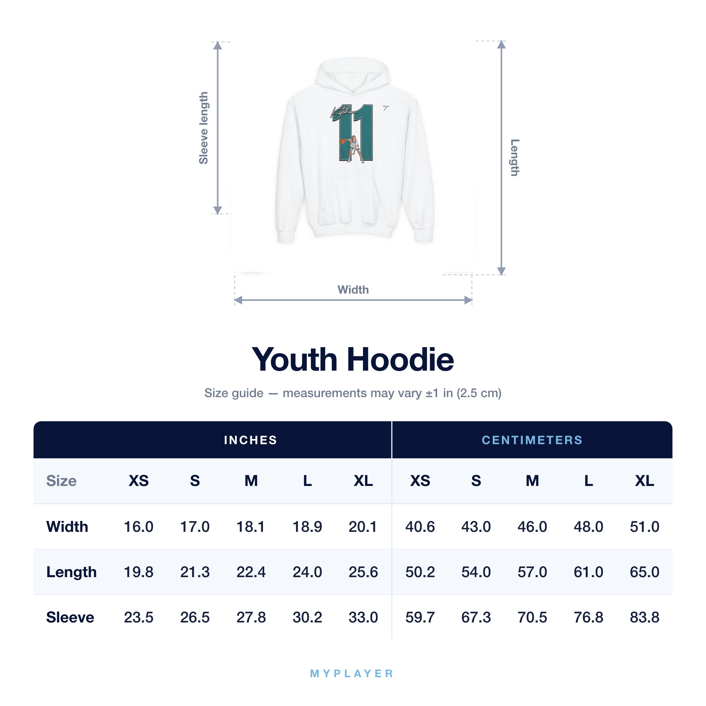 Youth Hoodie size chart