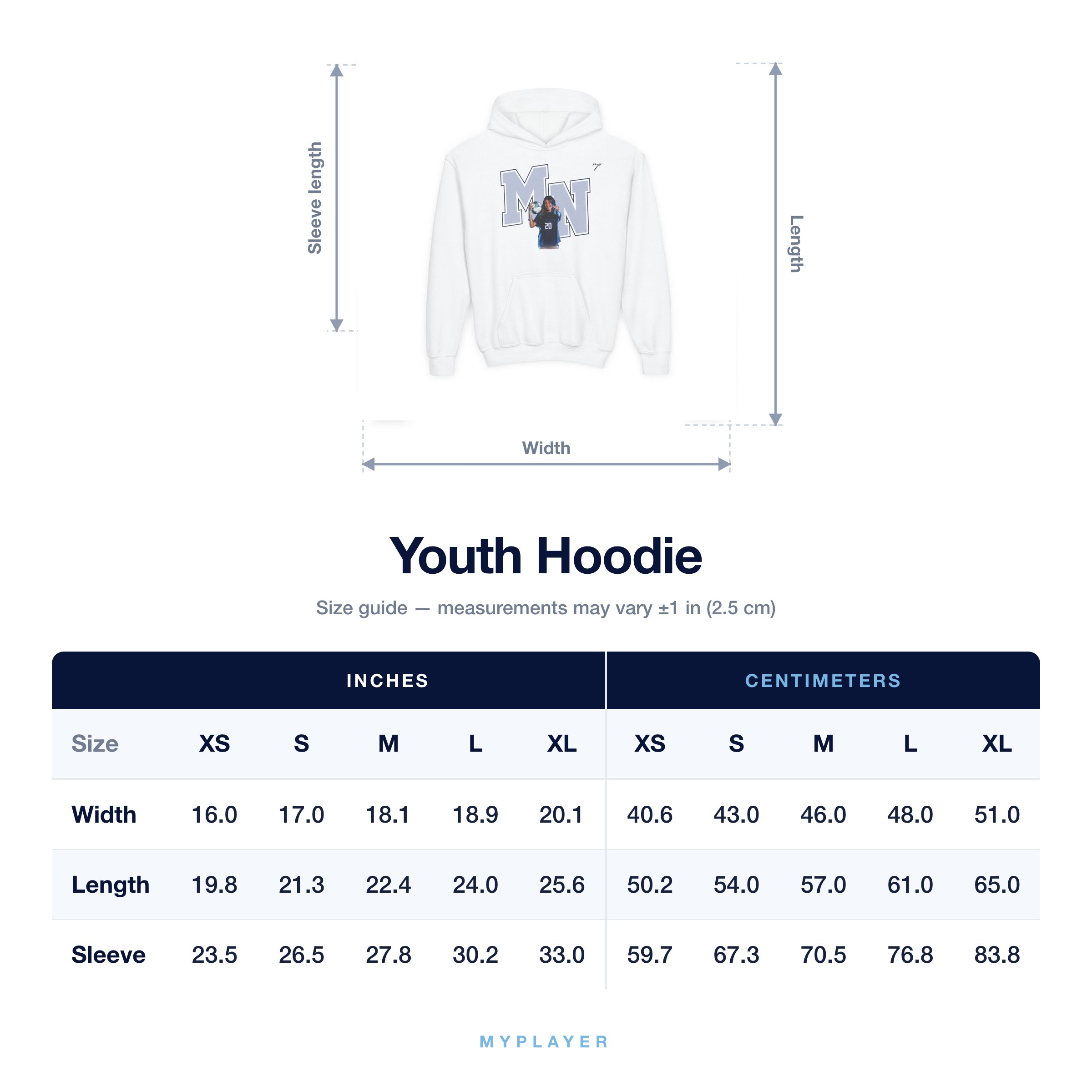 Youth Hoodie size chart