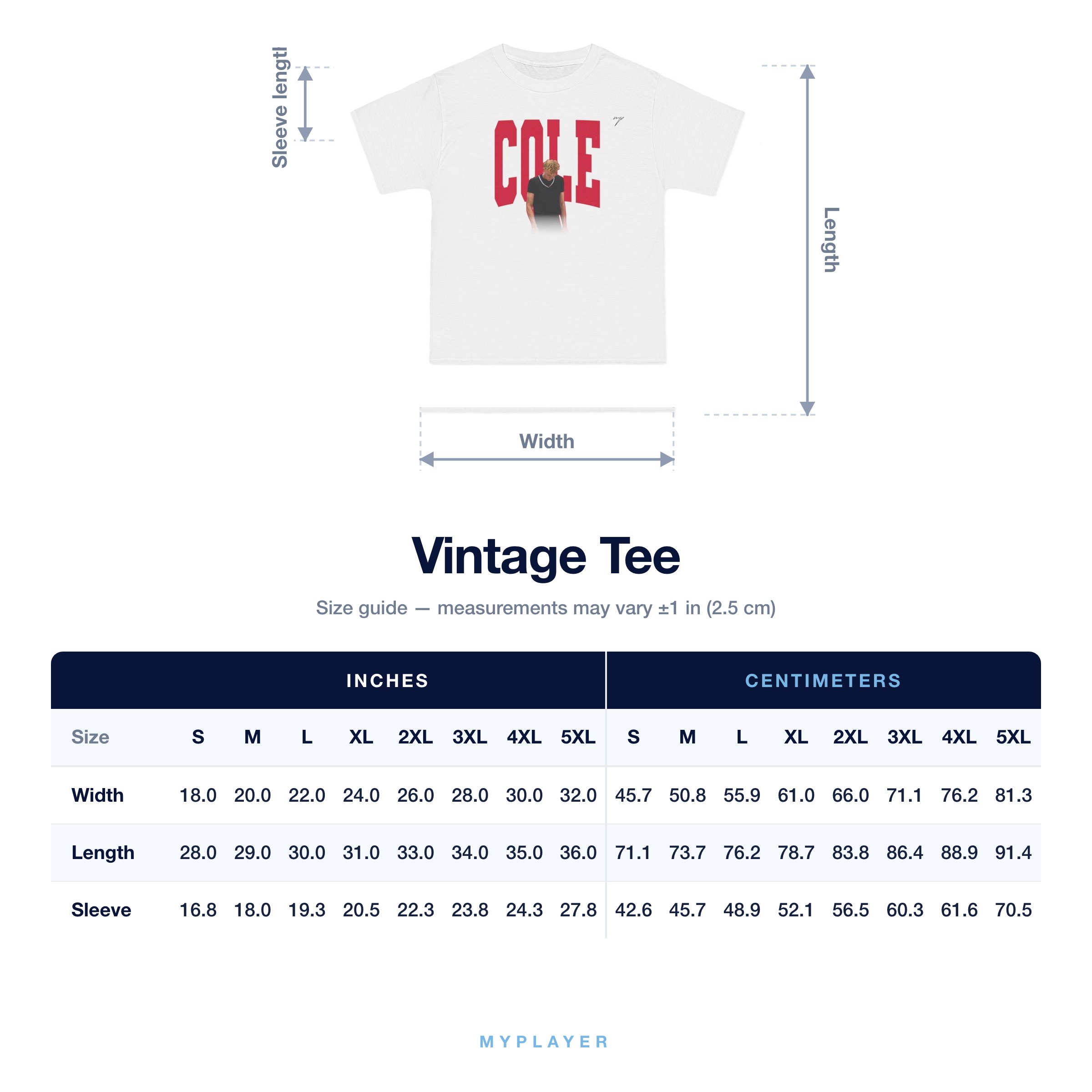 Vintage Tee size chart