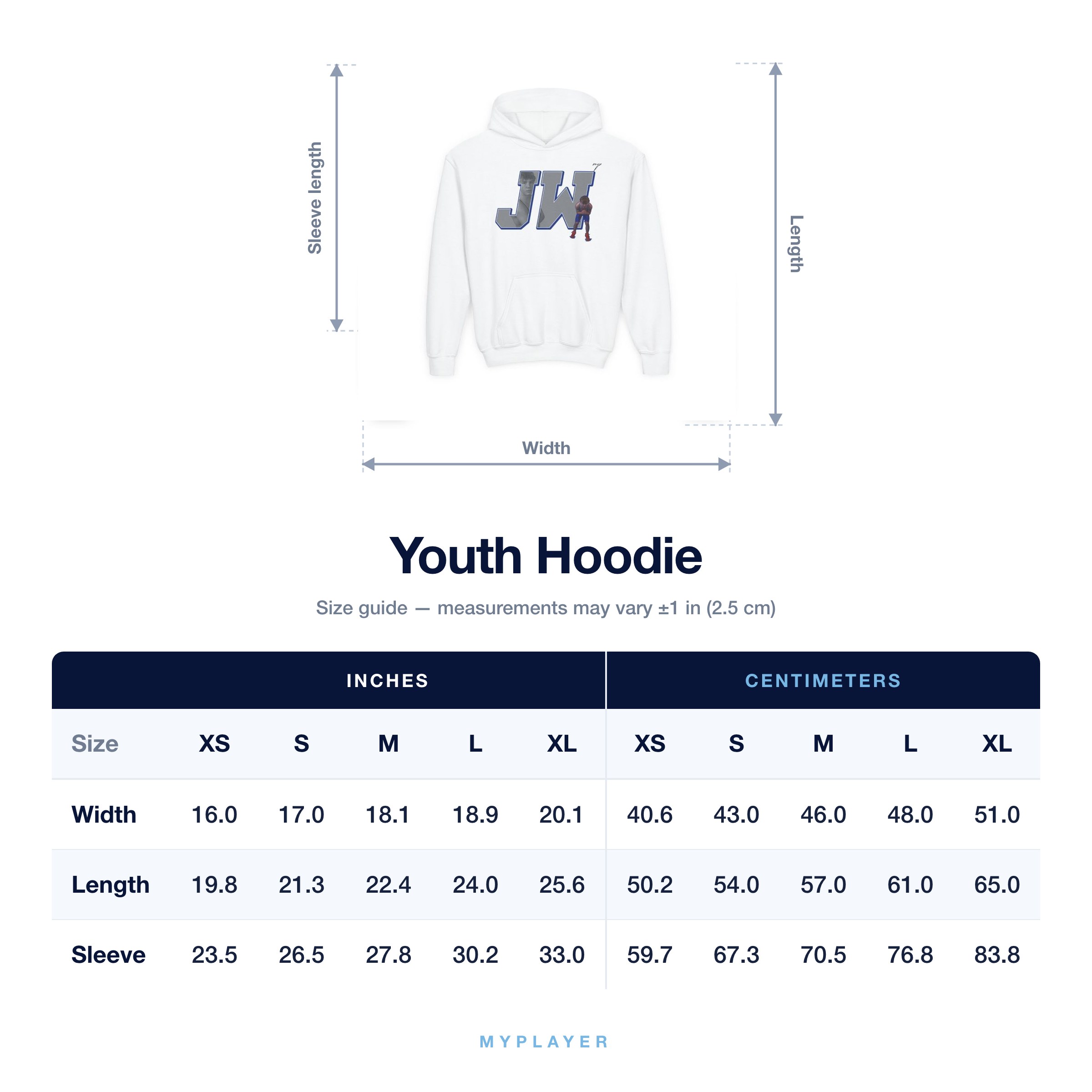 Youth Hoodie size chart