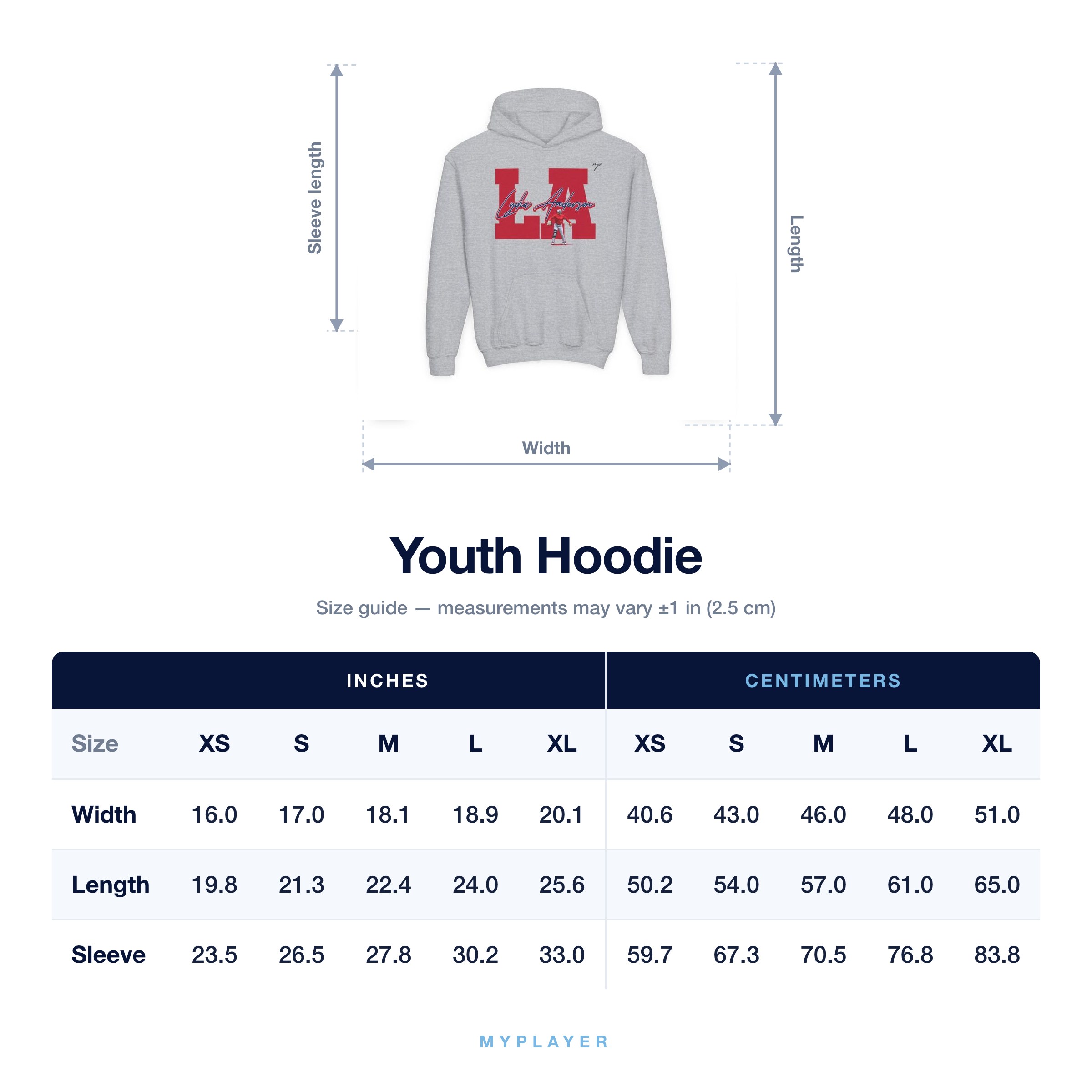 Youth Hoodie size chart