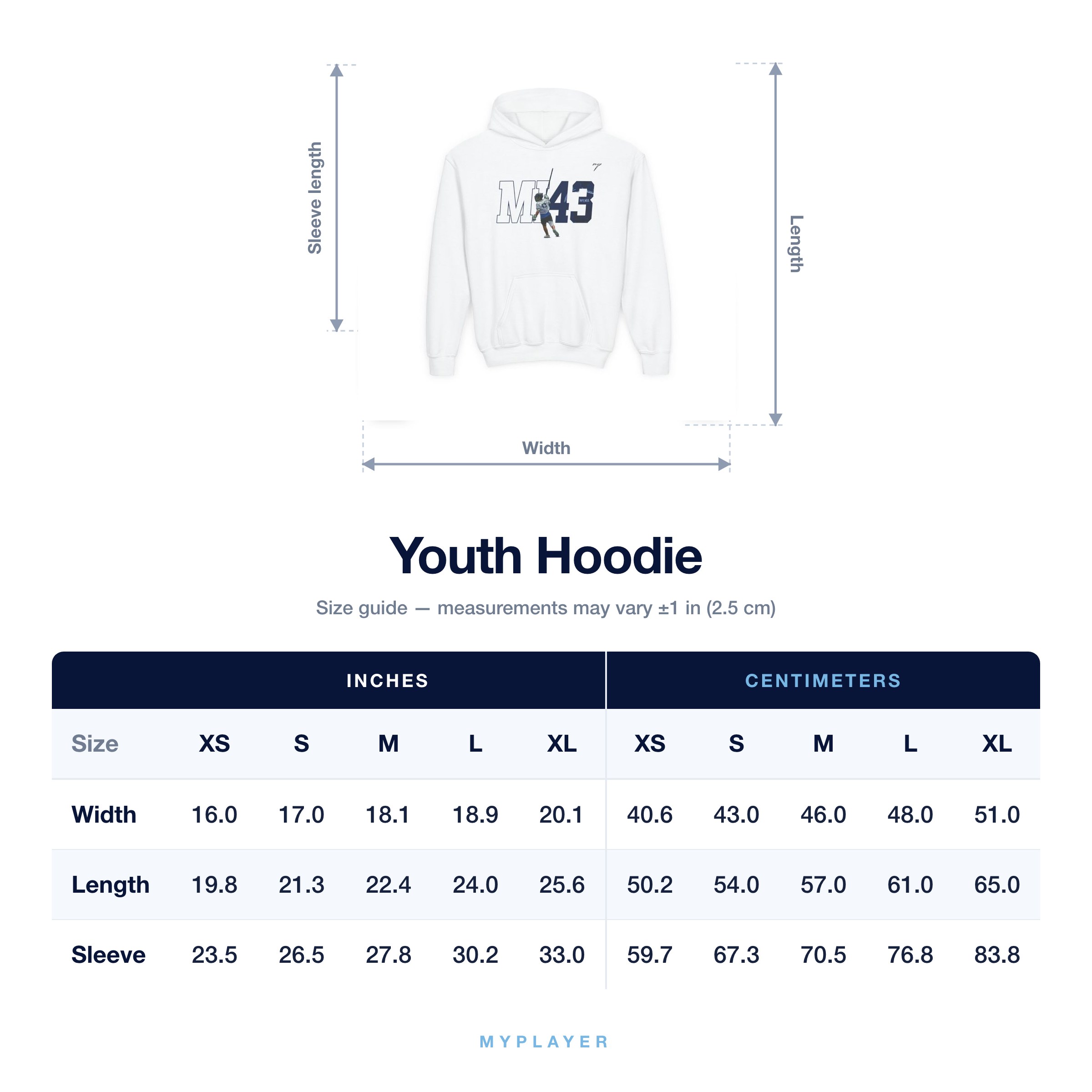 Youth Hoodie size chart