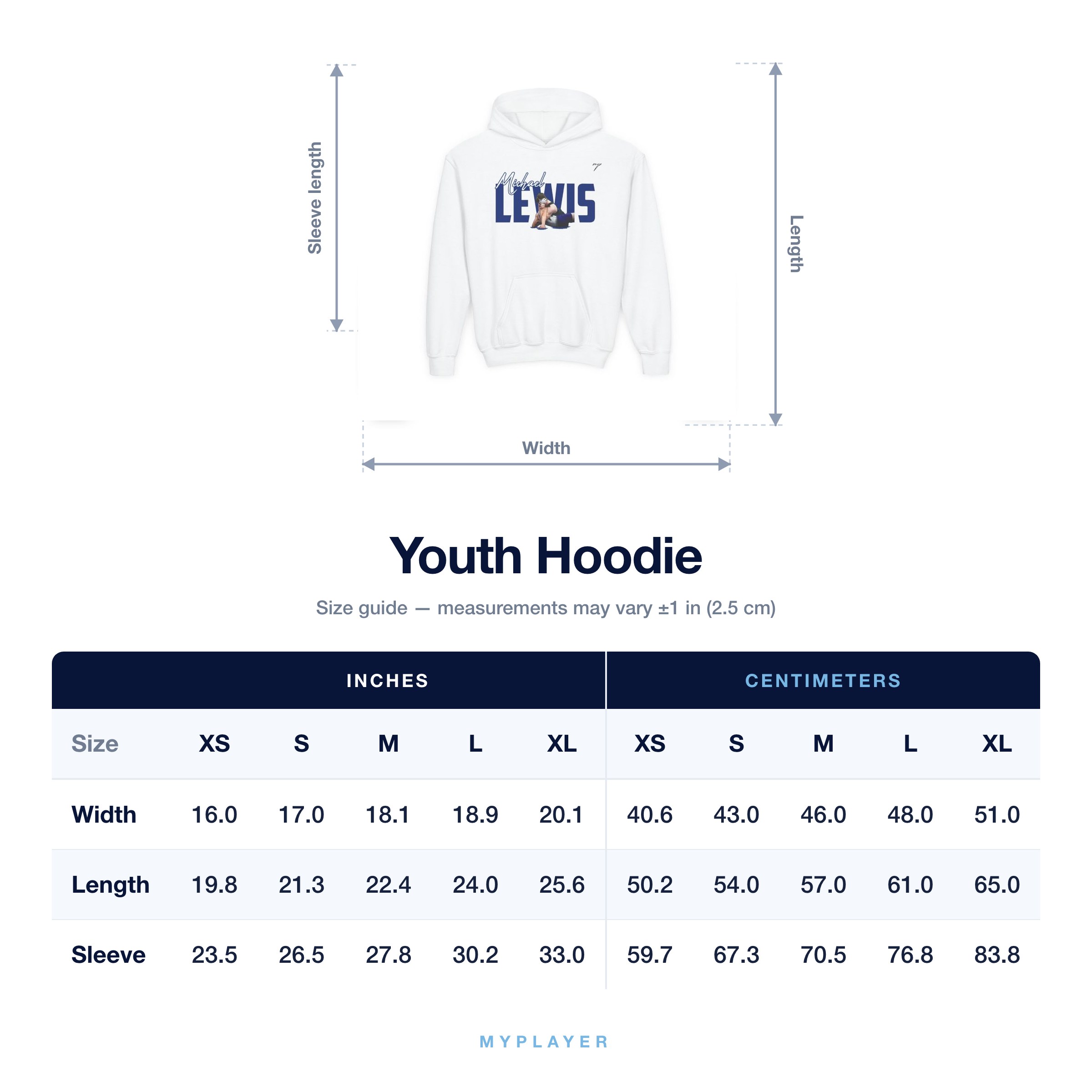 Youth Hoodie size chart