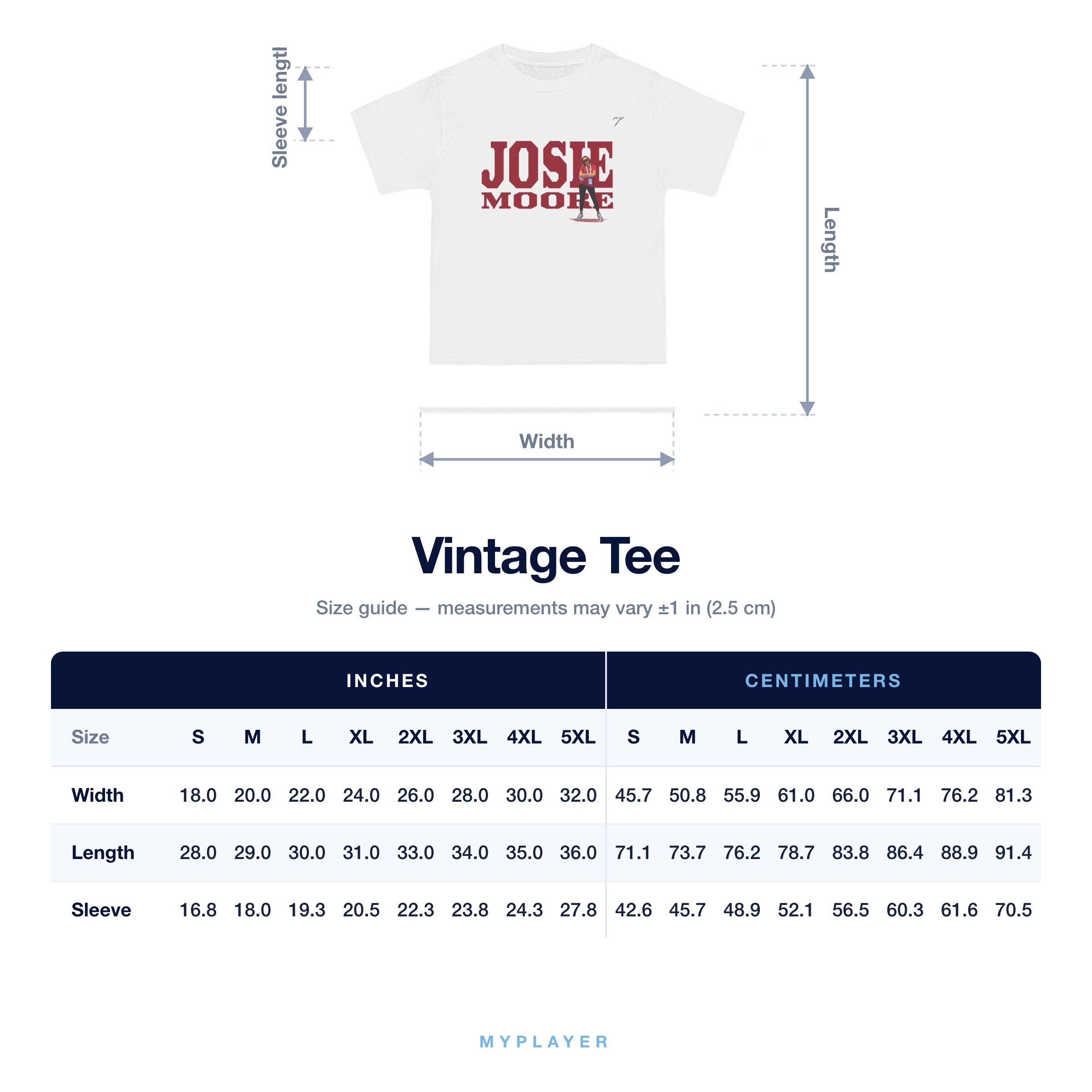 Vintage Tee size chart