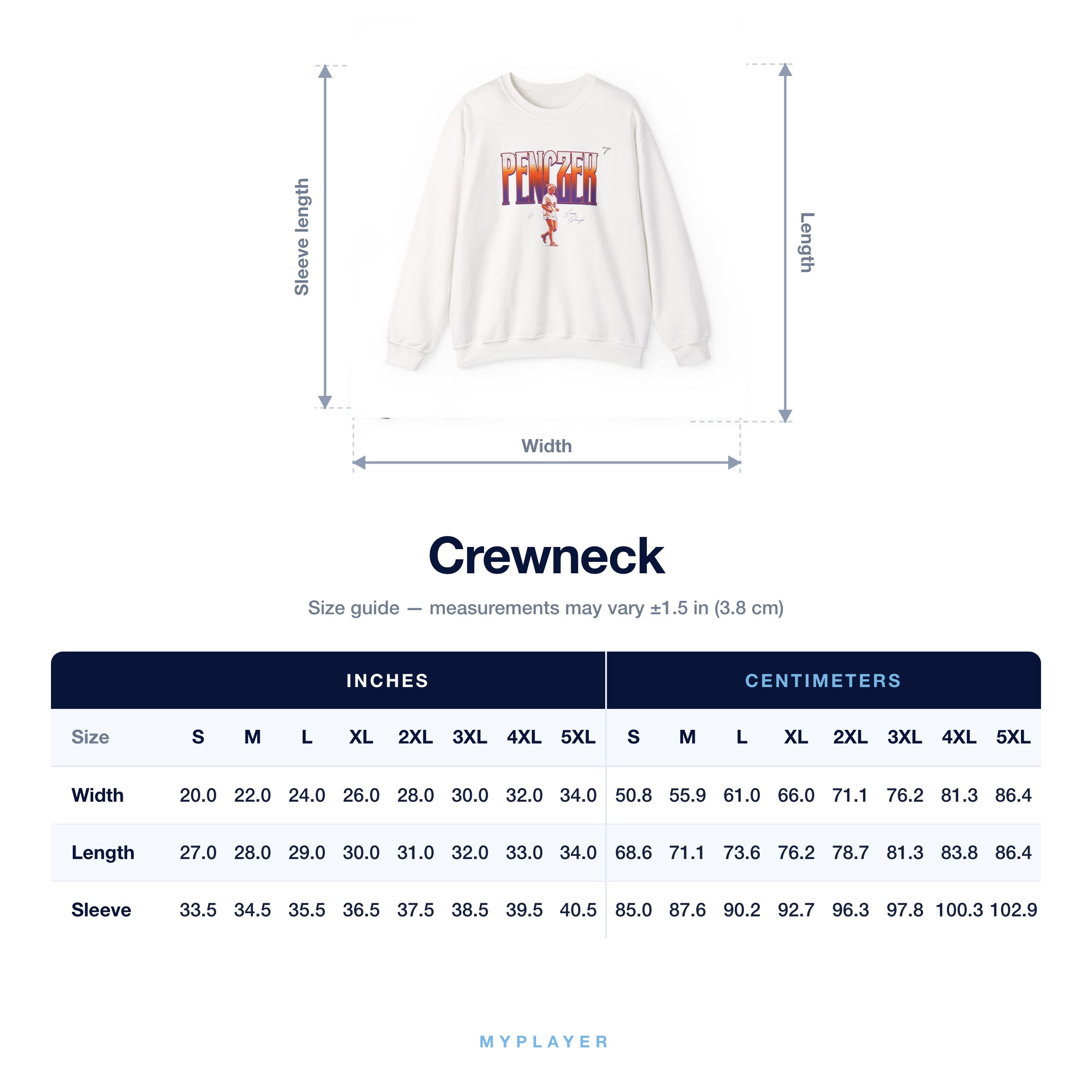 Crewneck size chart