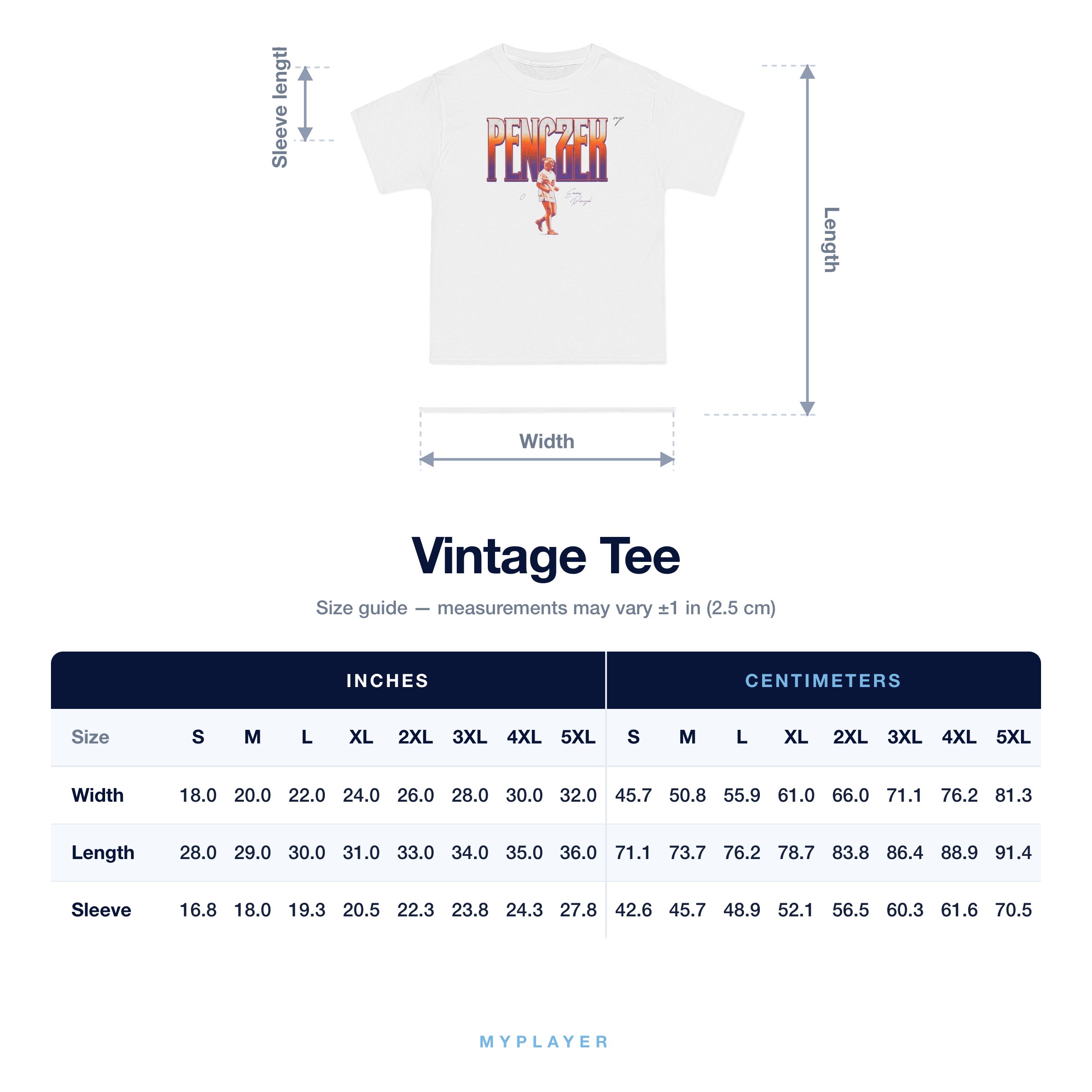 Vintage Tee size chart