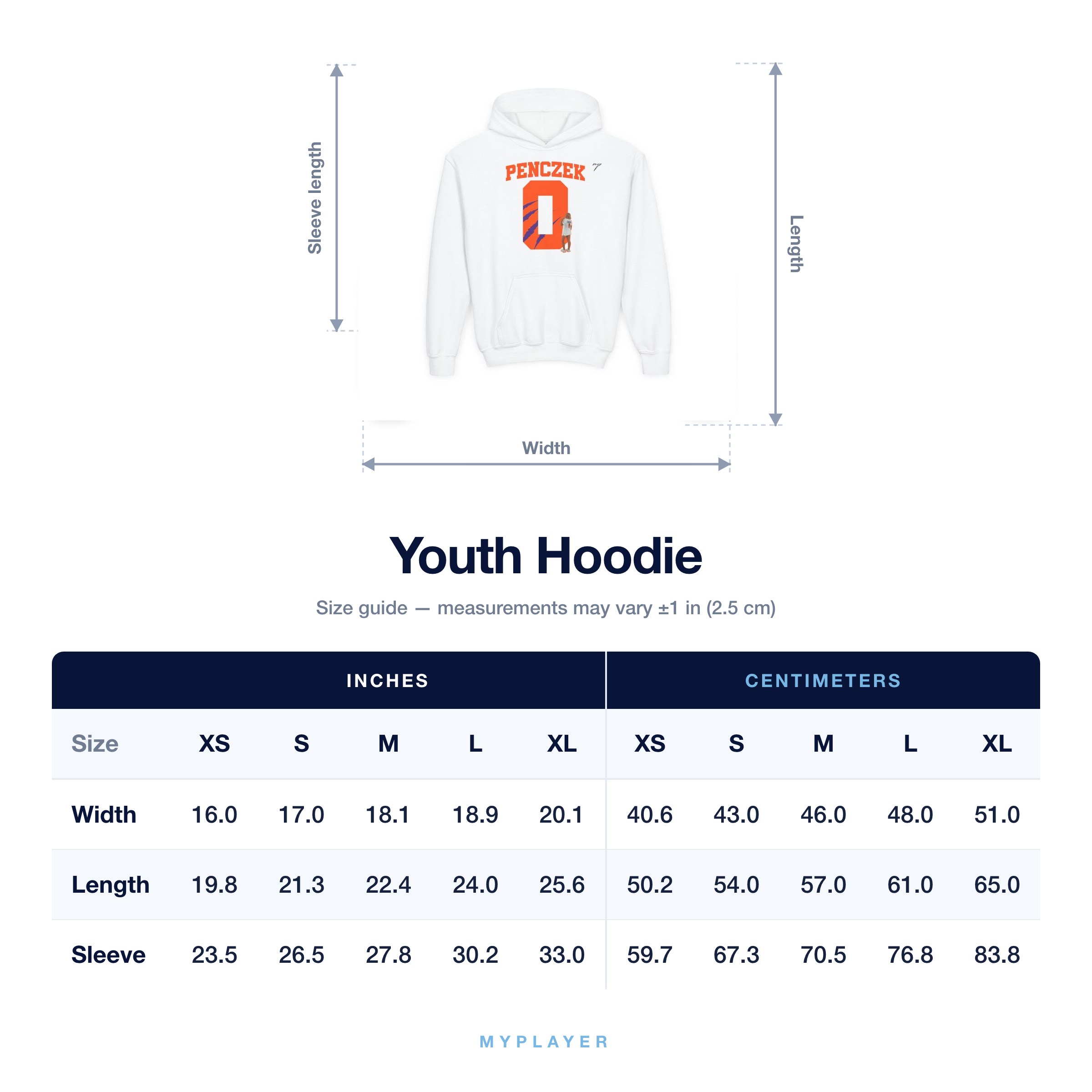 Youth Hoodie size chart