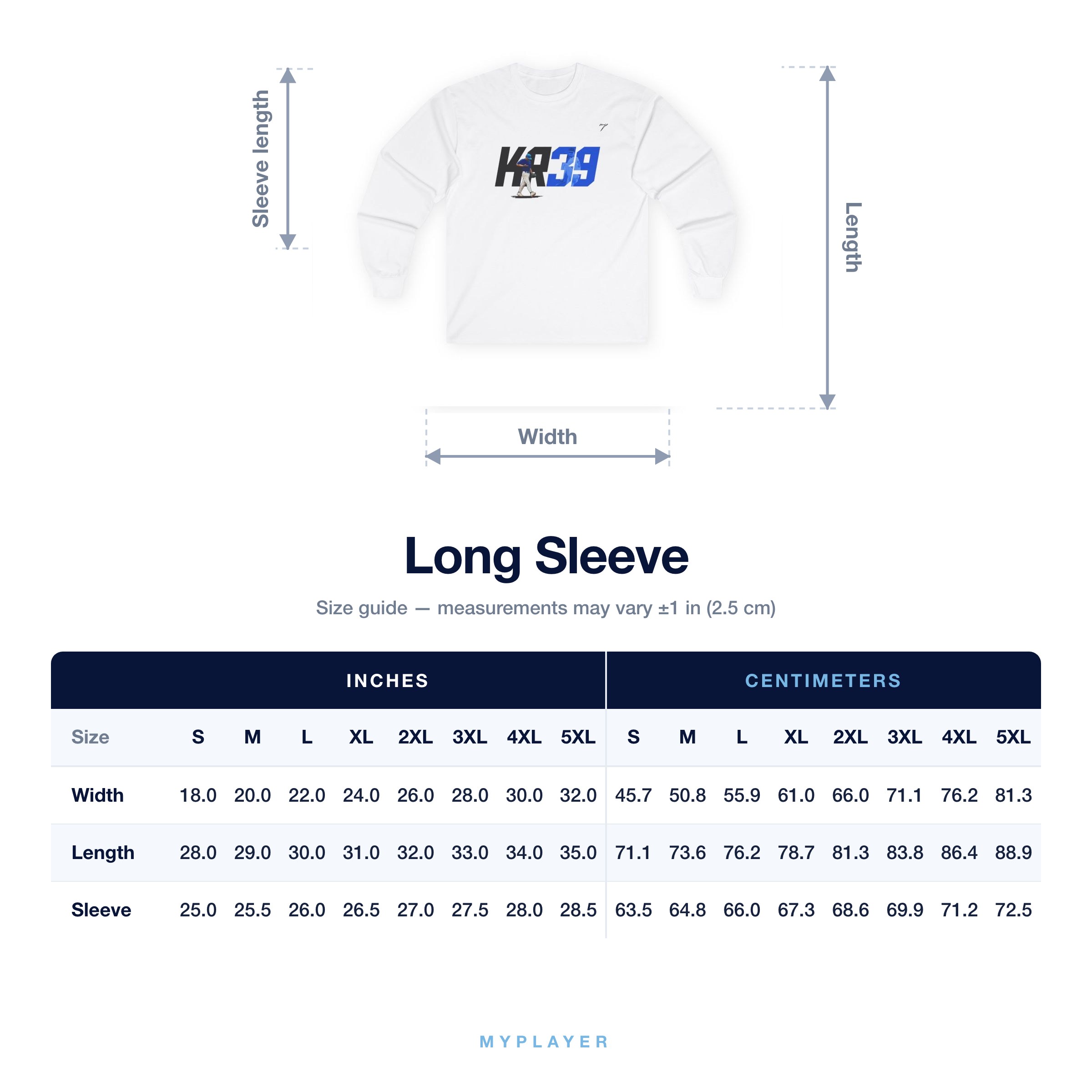 Long Sleeve size chart