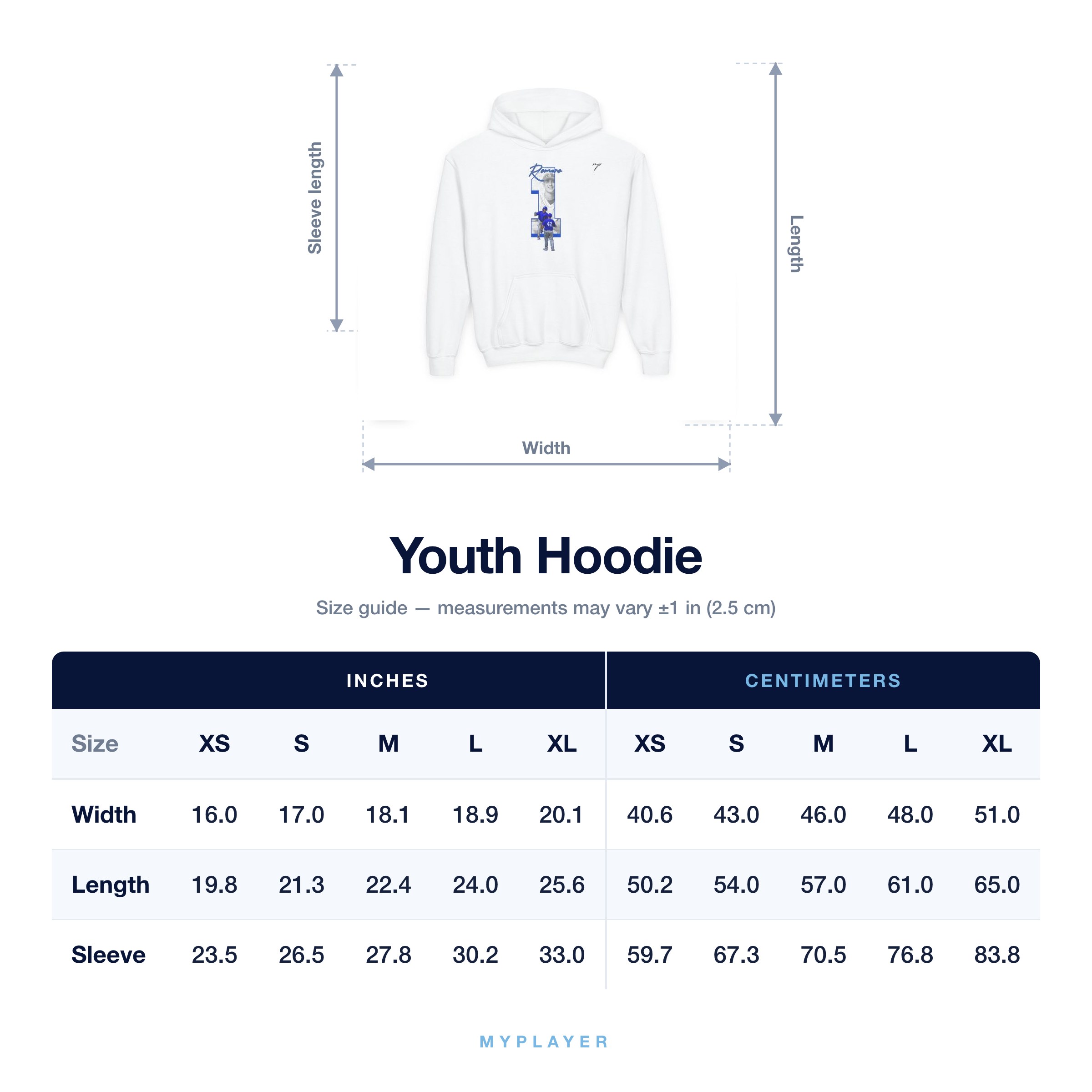 Youth Hoodie size chart