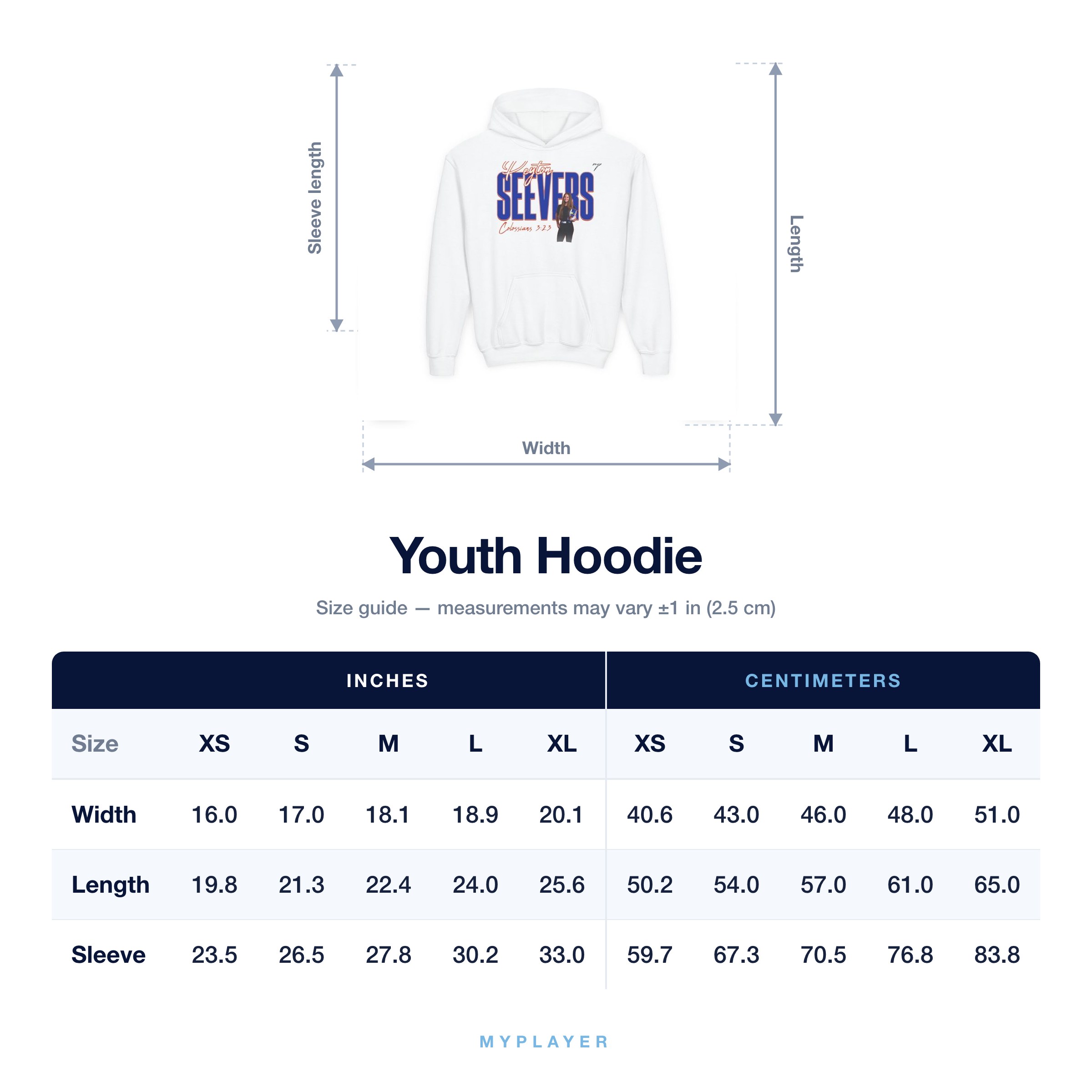 Youth Hoodie size chart