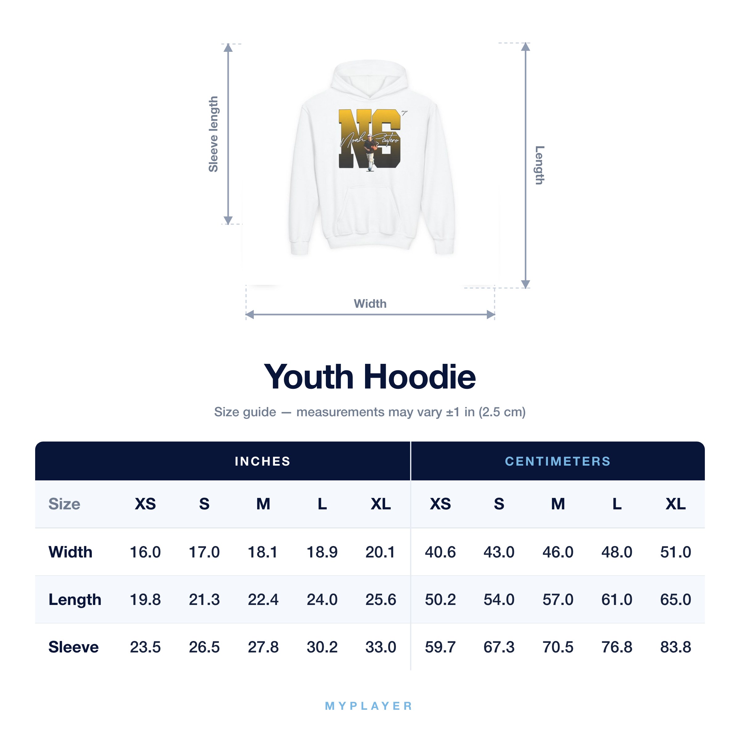 Youth Hoodie size chart