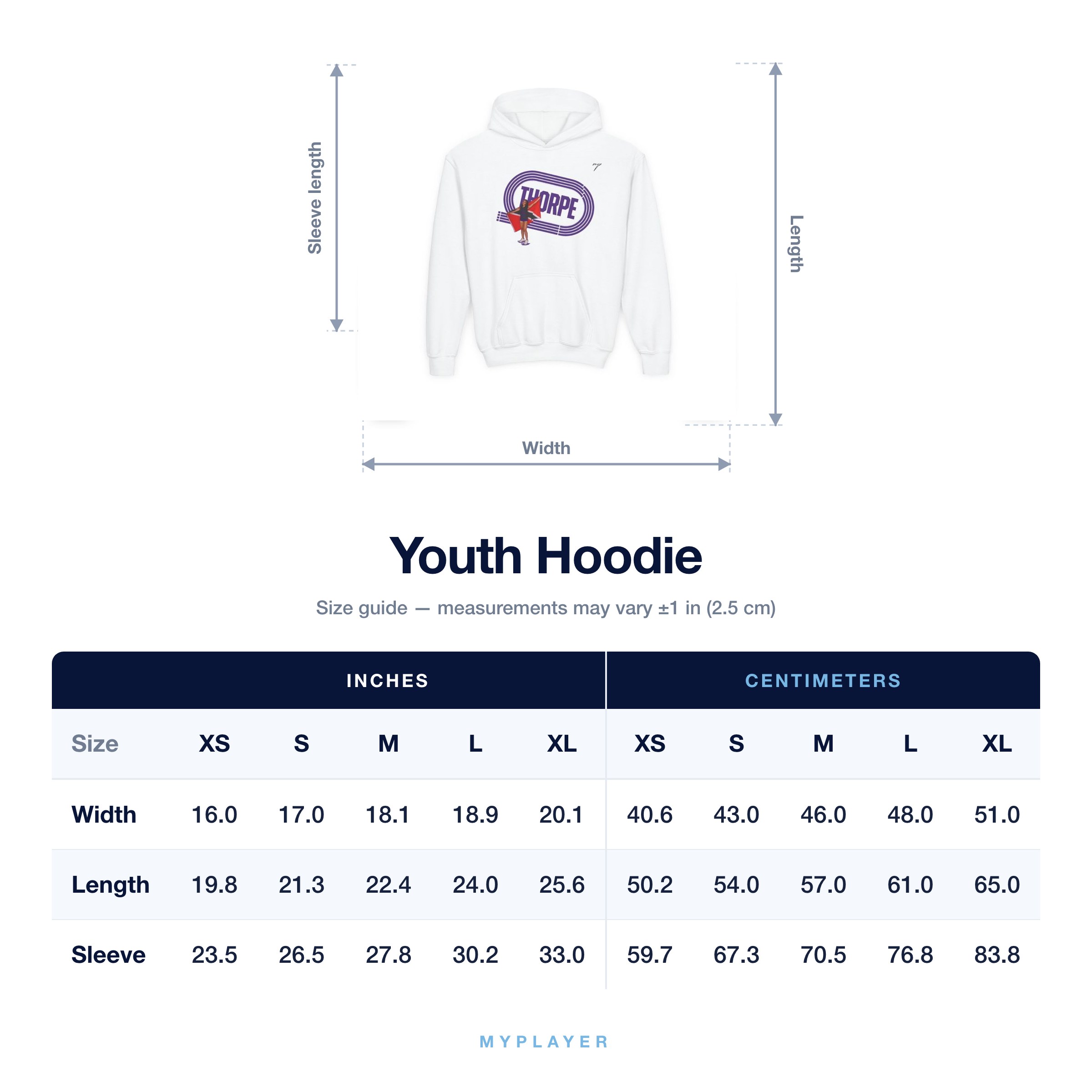 Youth Hoodie size chart