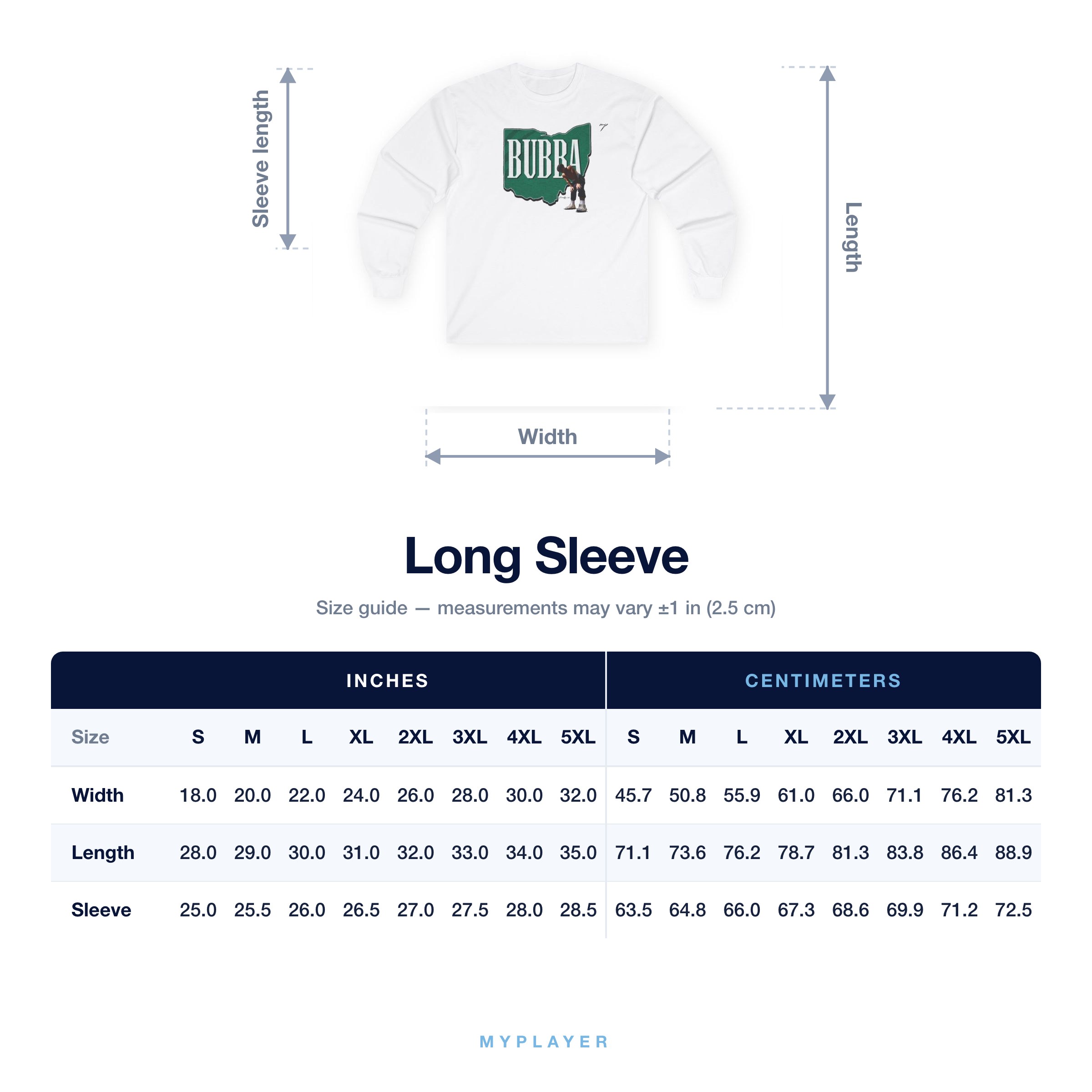 Long Sleeve size chart