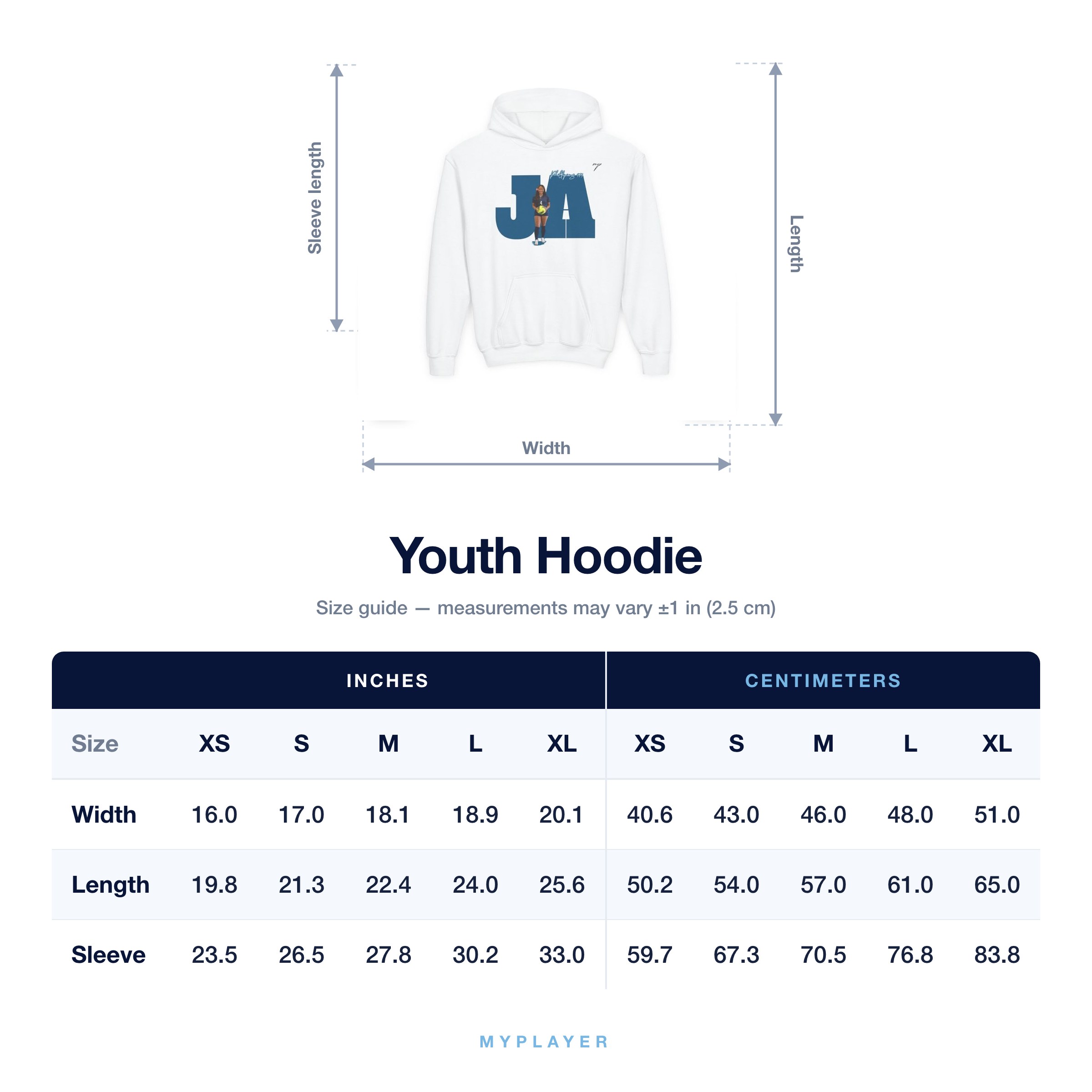 Youth Hoodie size chart