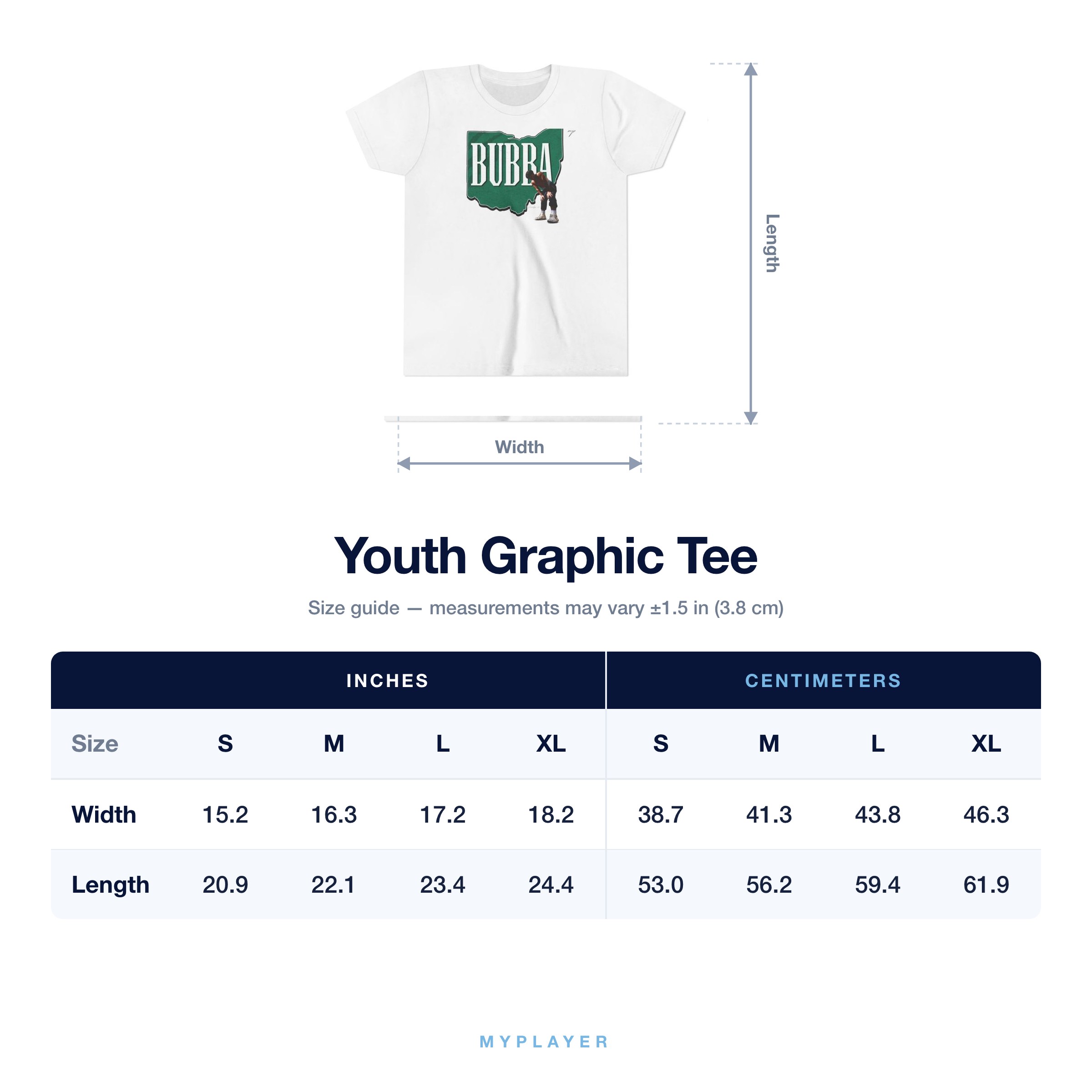 Youth Tee size chart