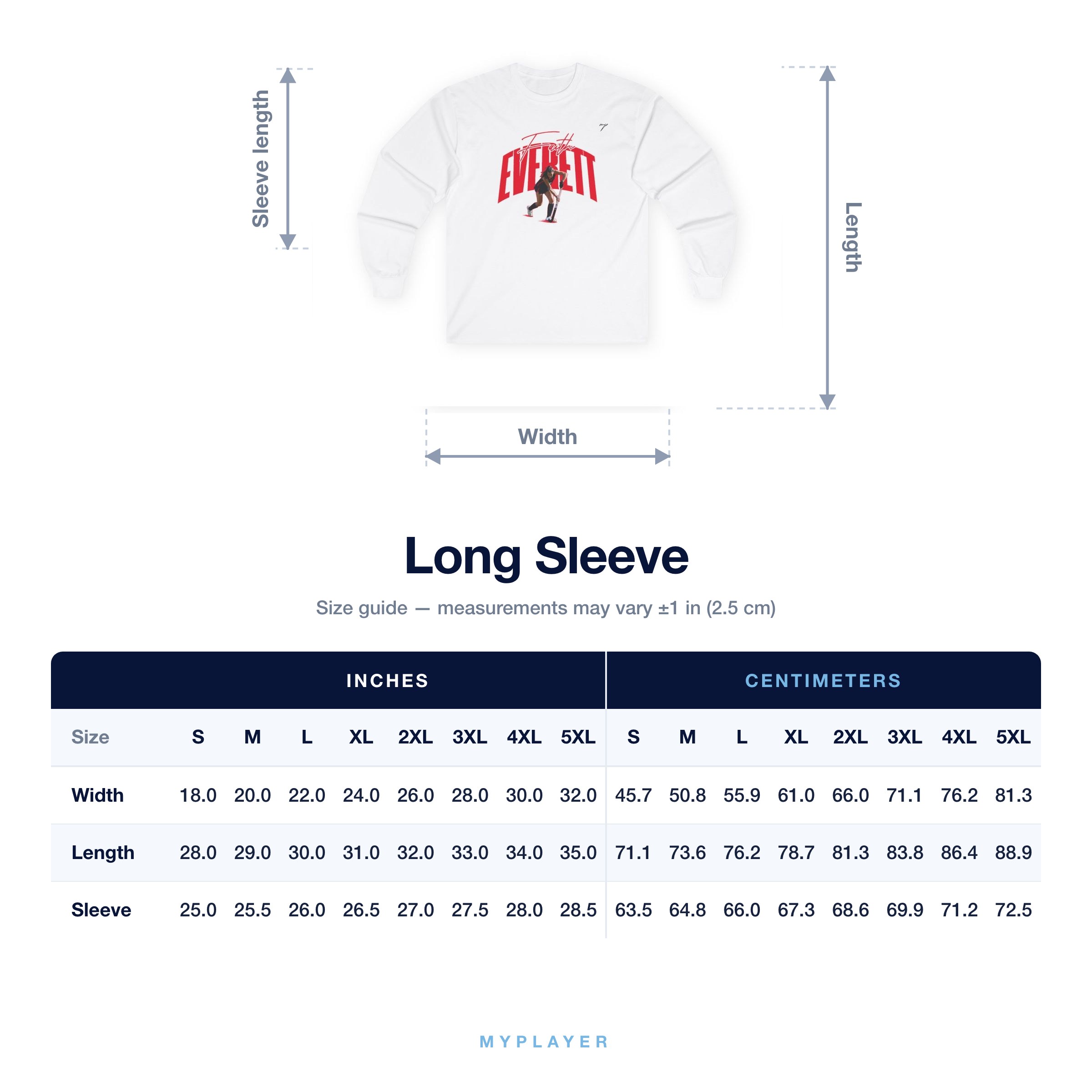 Long Sleeve size chart