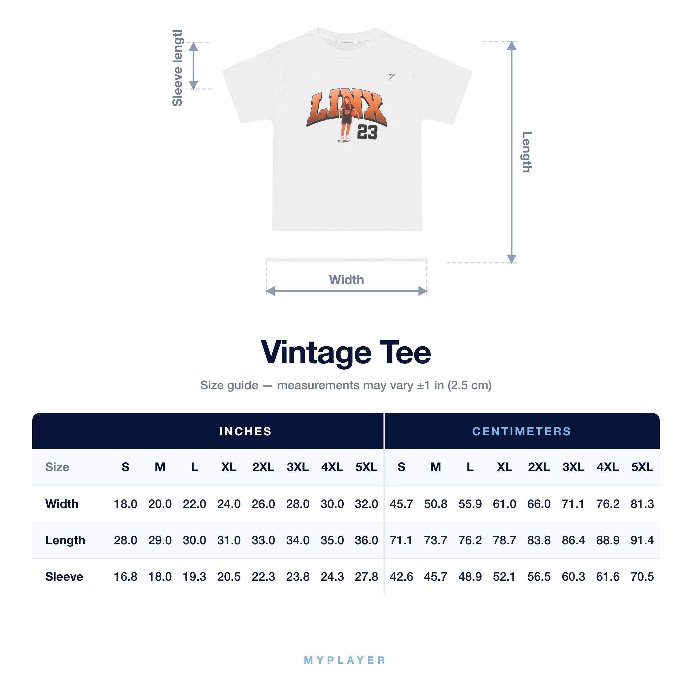 Vintage Tee size chart