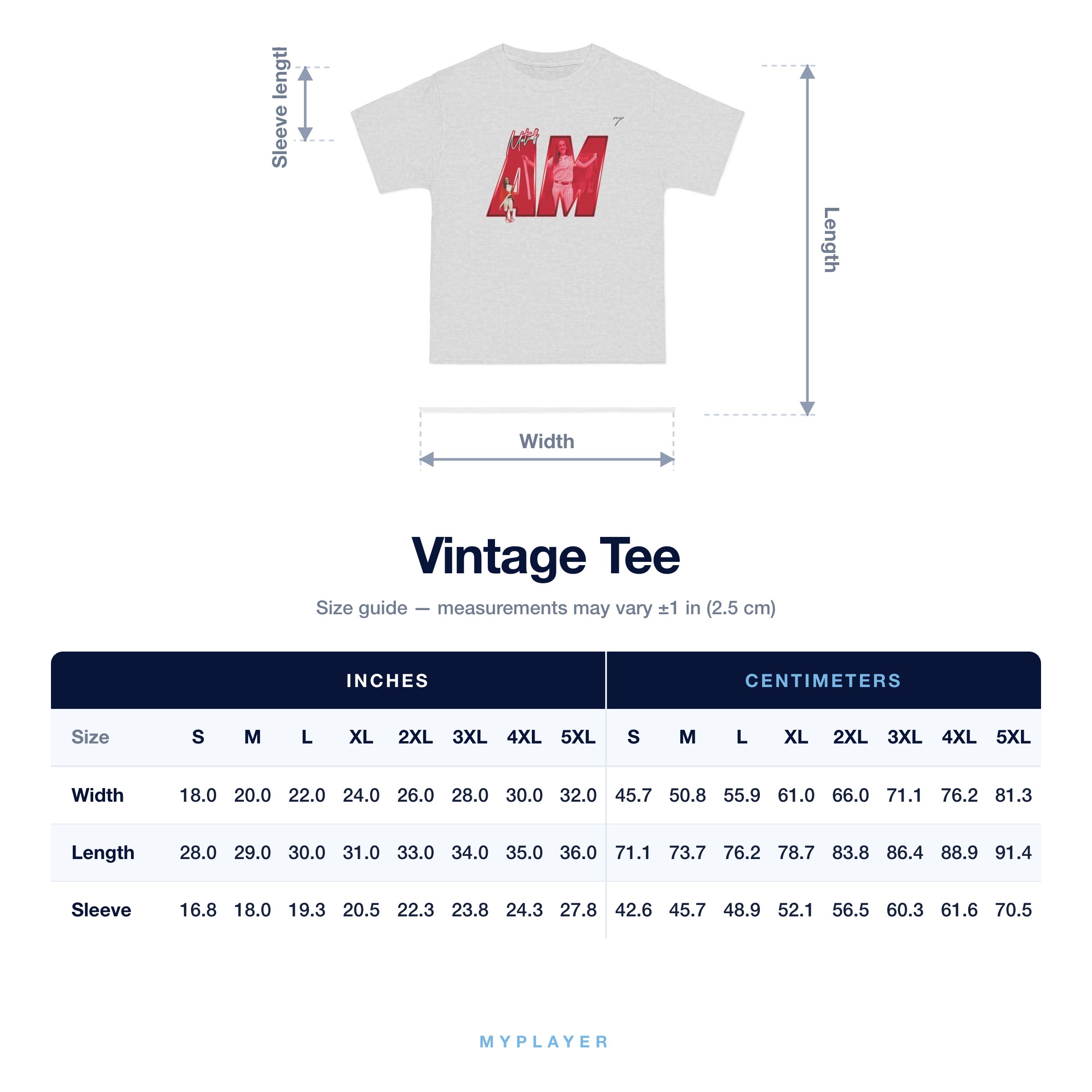 Vintage Tee size chart