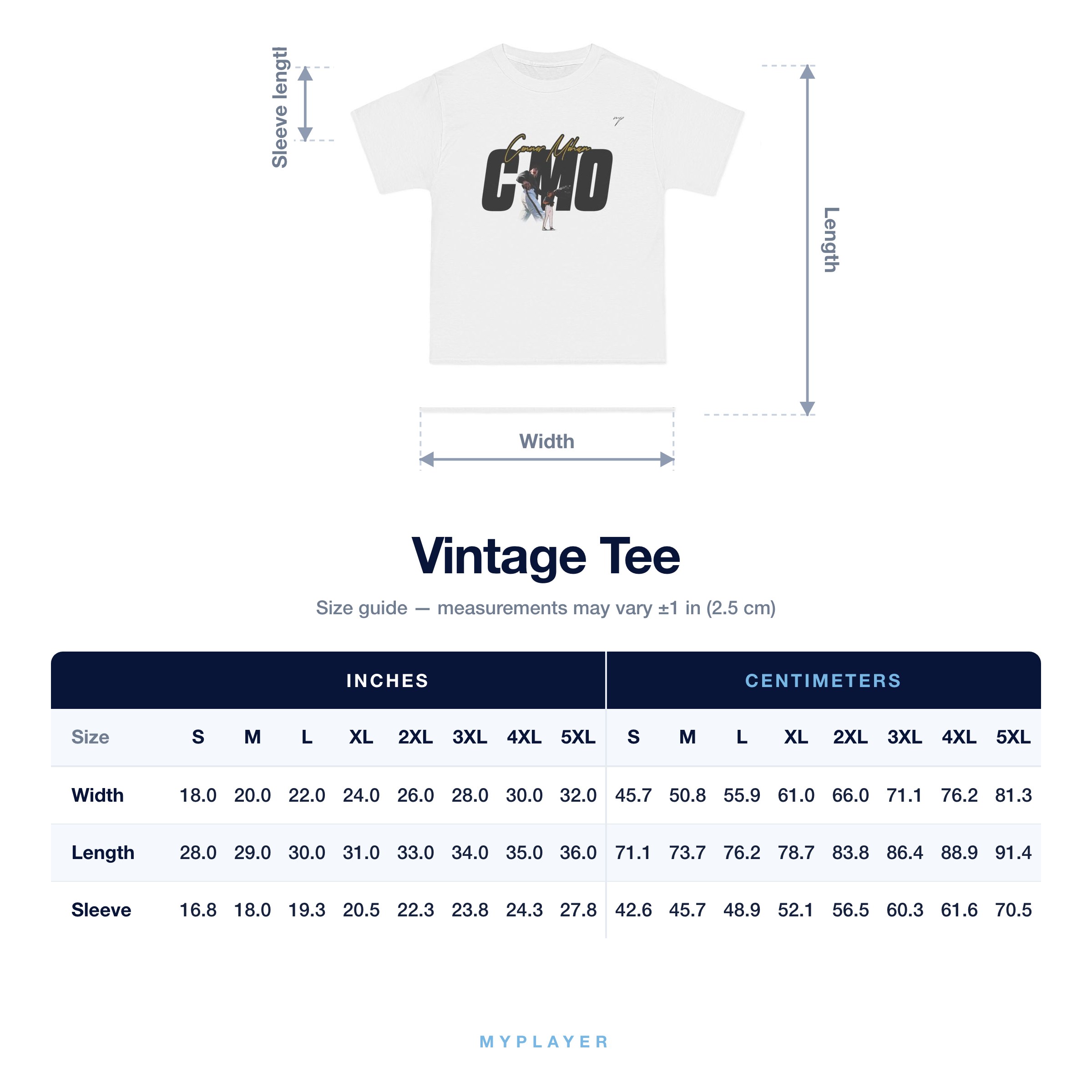 Vintage Tee size chart