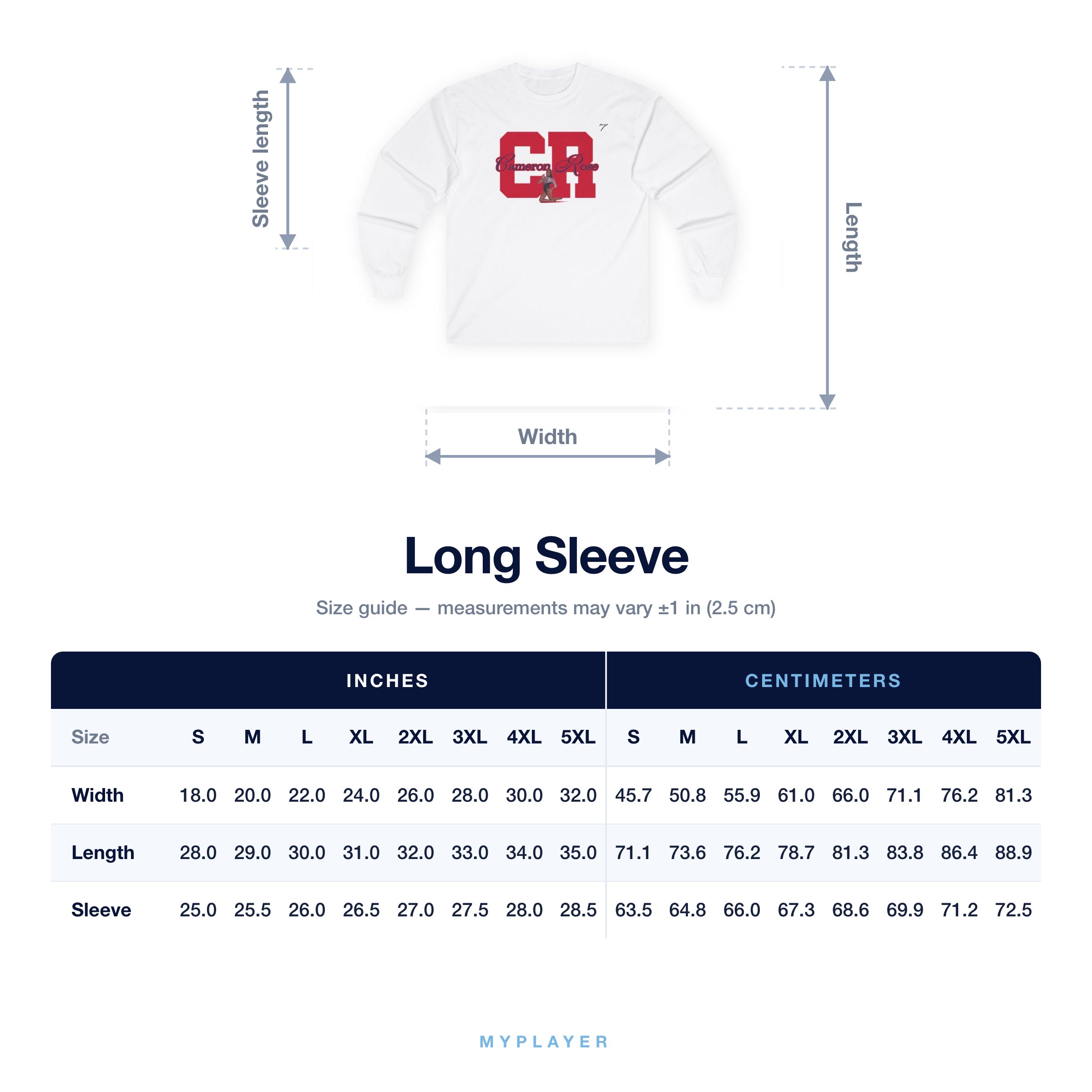 Long Sleeve size chart