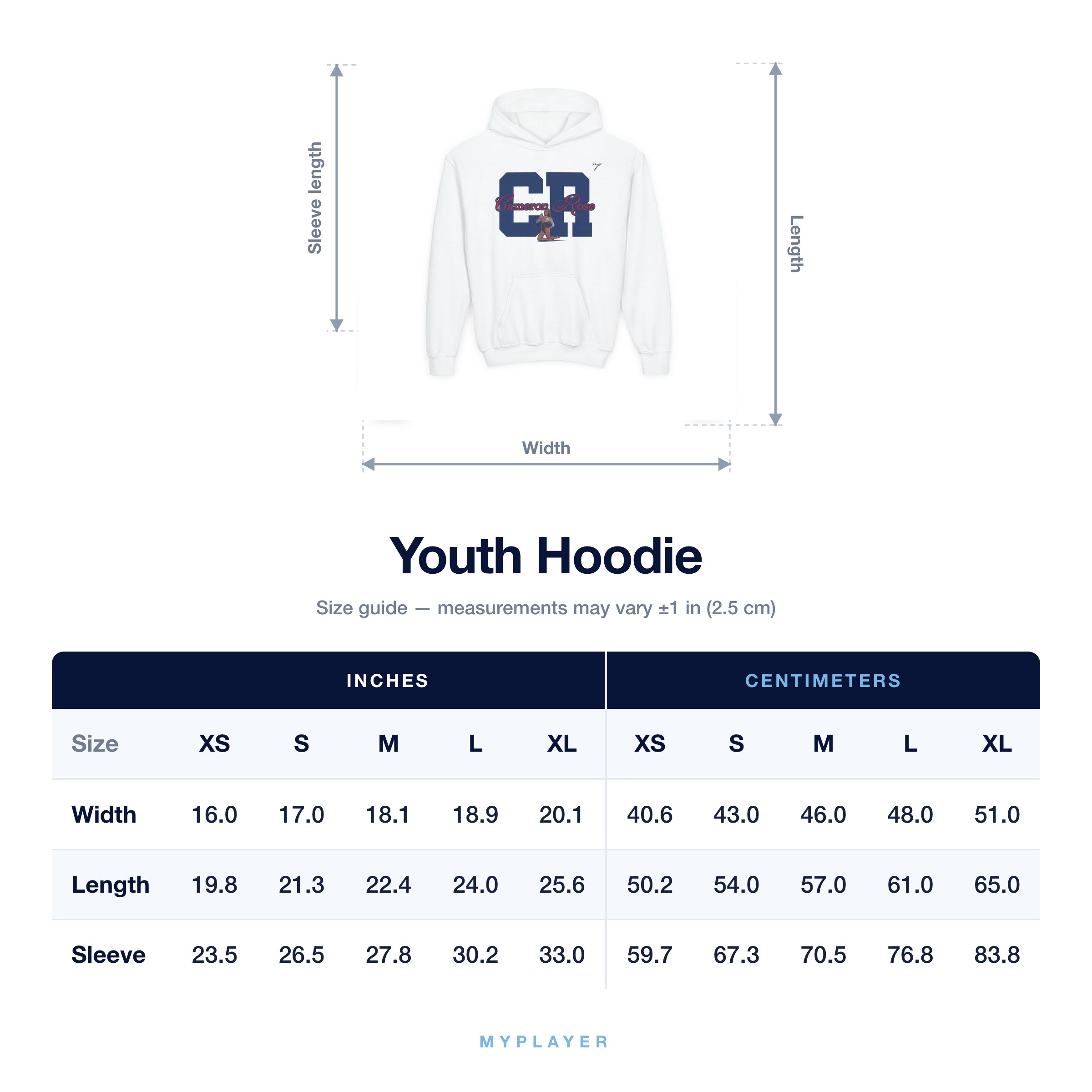 Youth Hoodie size chart