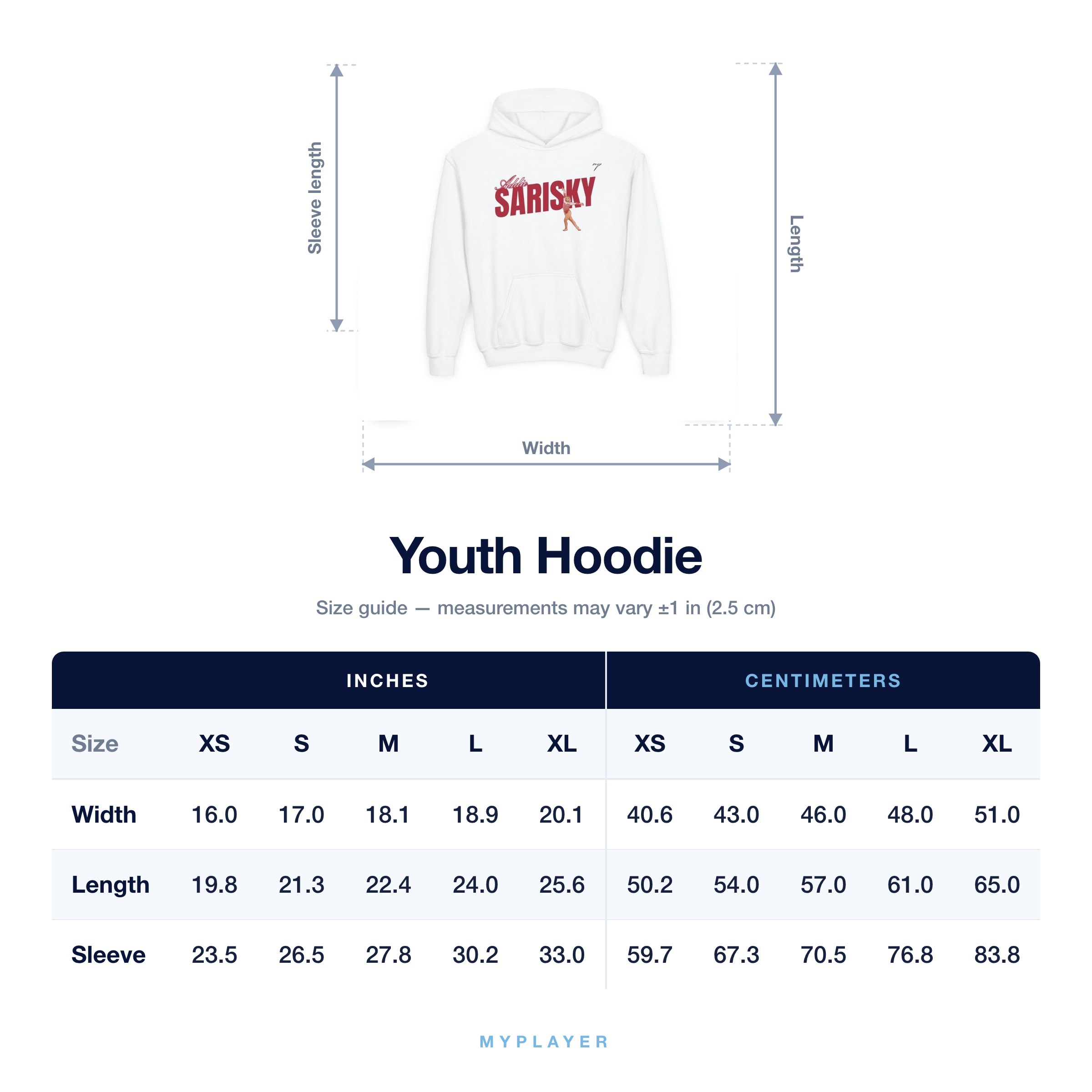 Youth Hoodie size chart