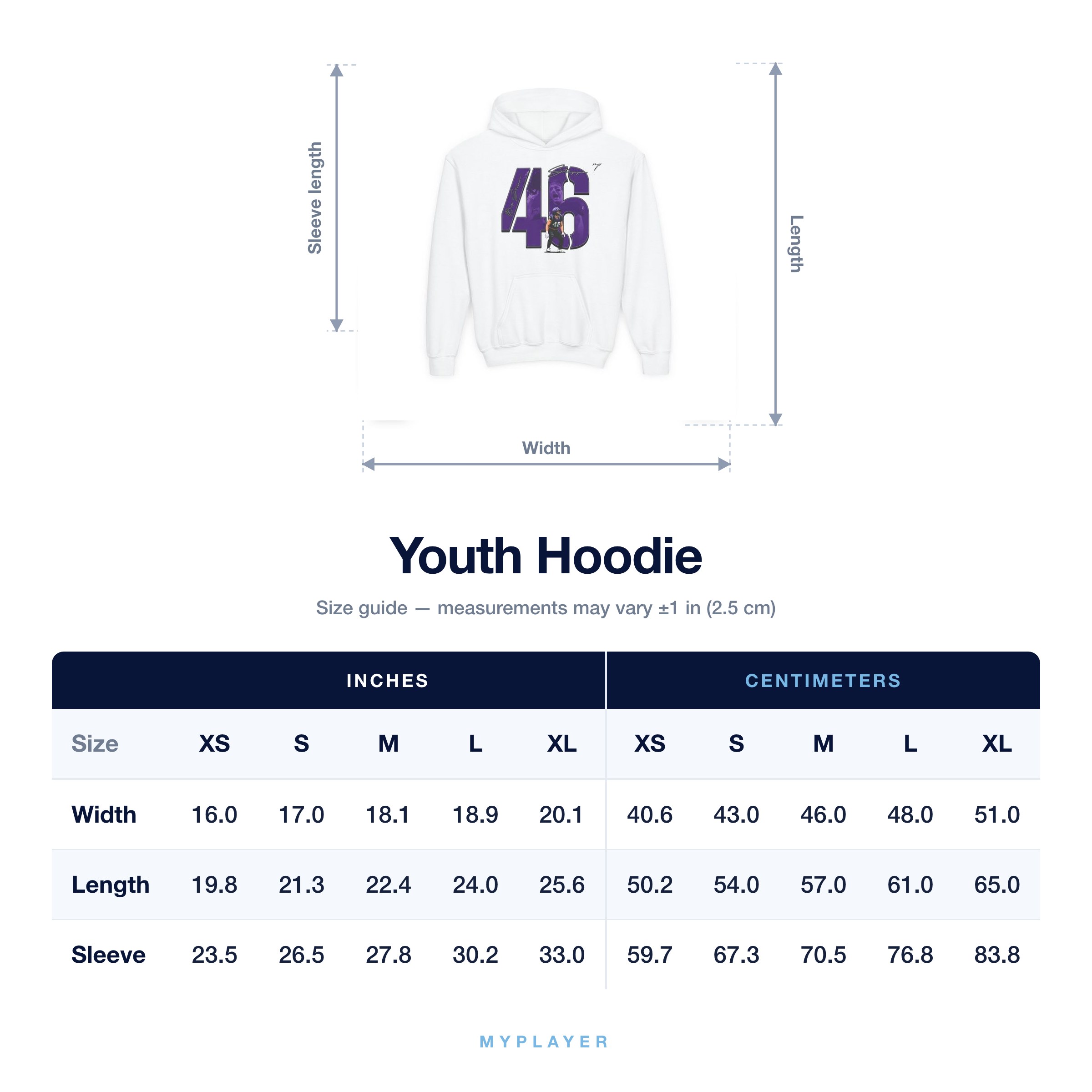 Youth Hoodie size chart