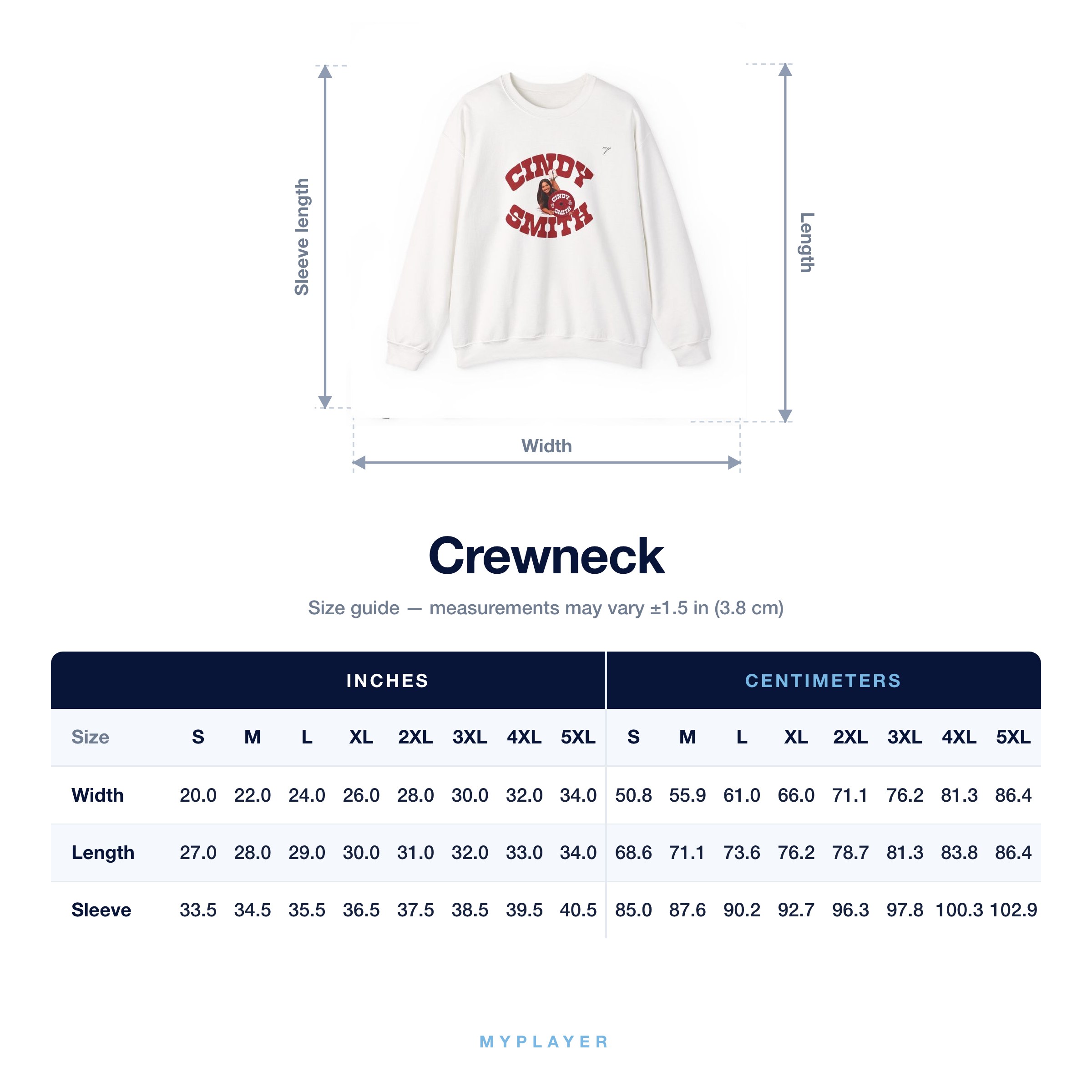 Crewneck size chart
