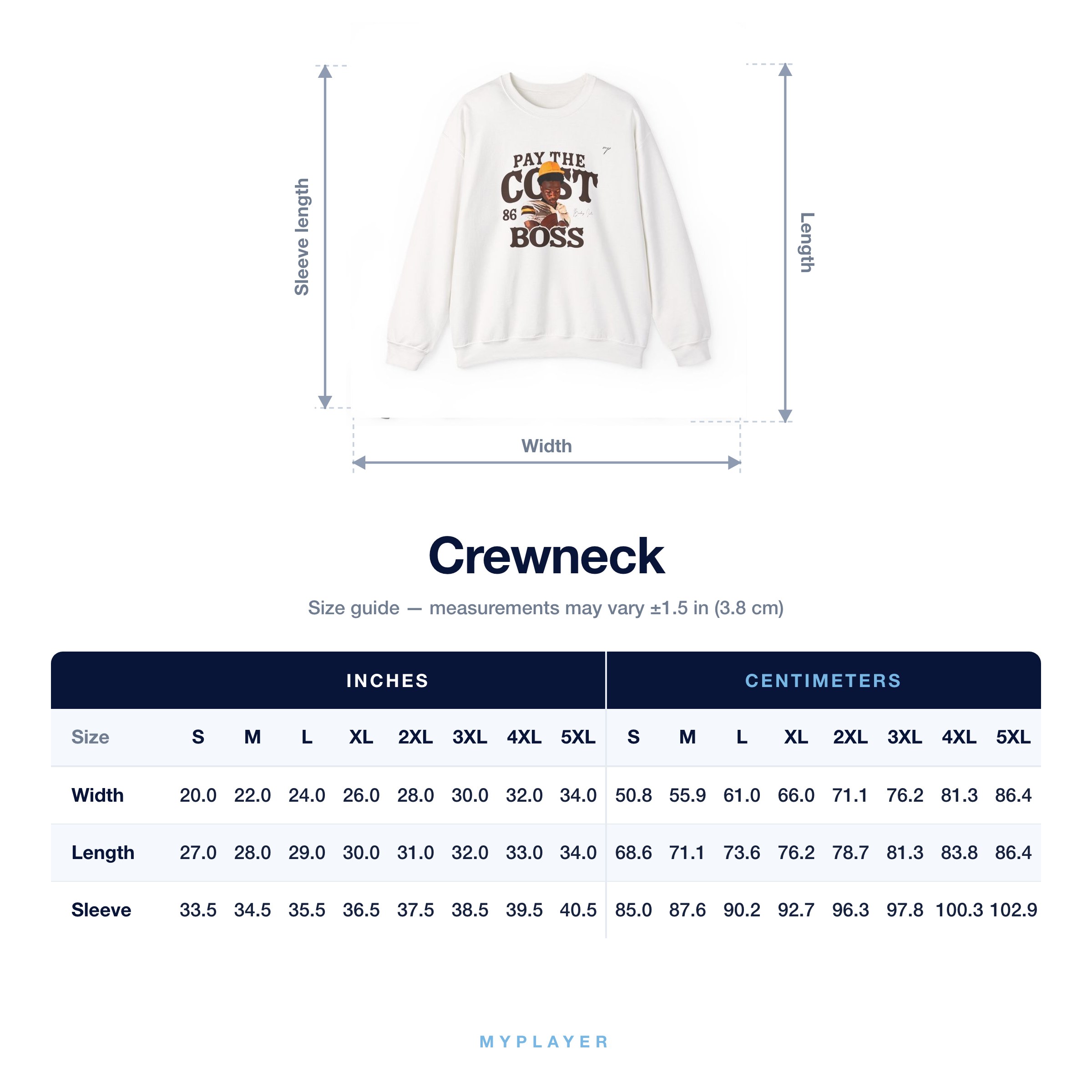 Crewneck size chart