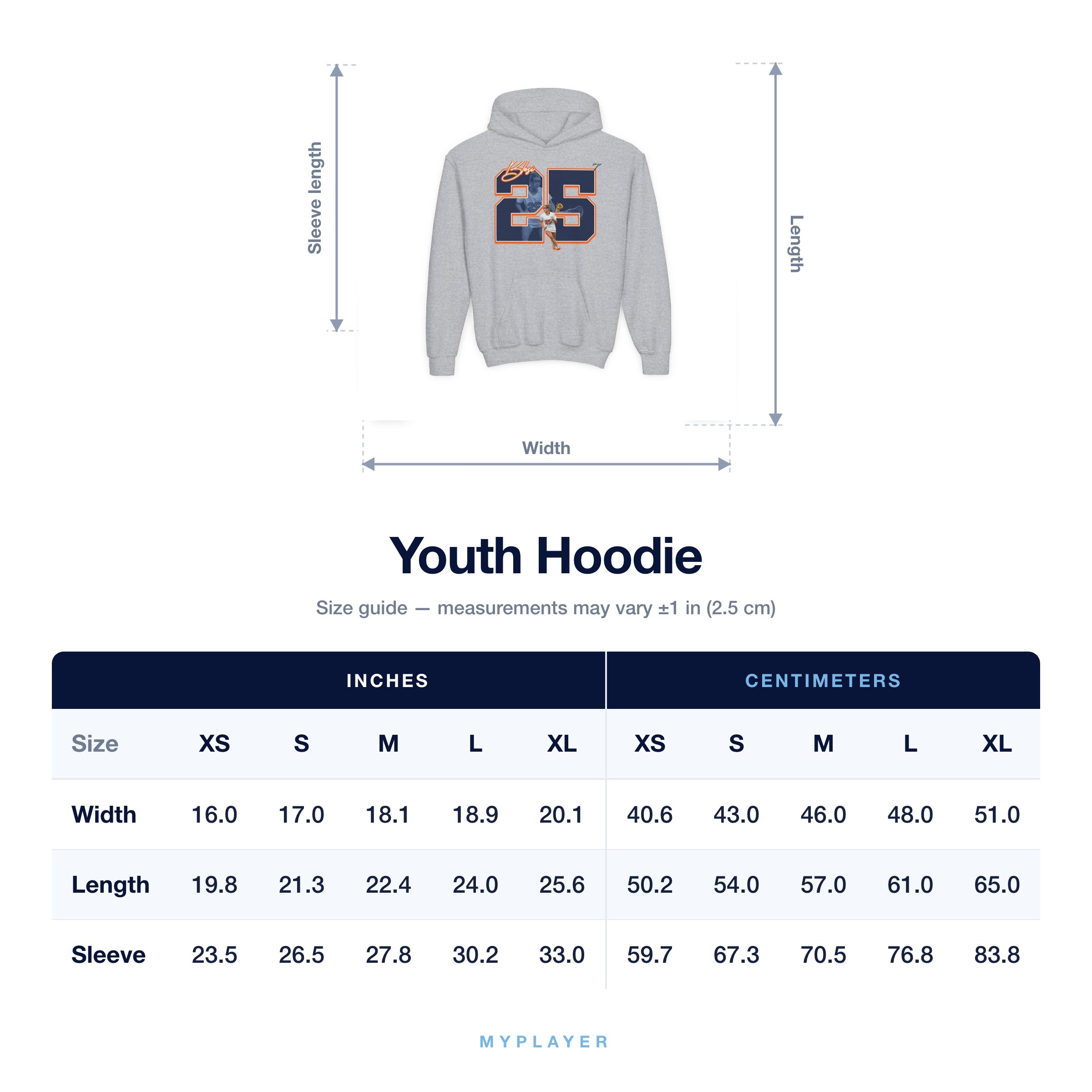 Youth Hoodie size chart