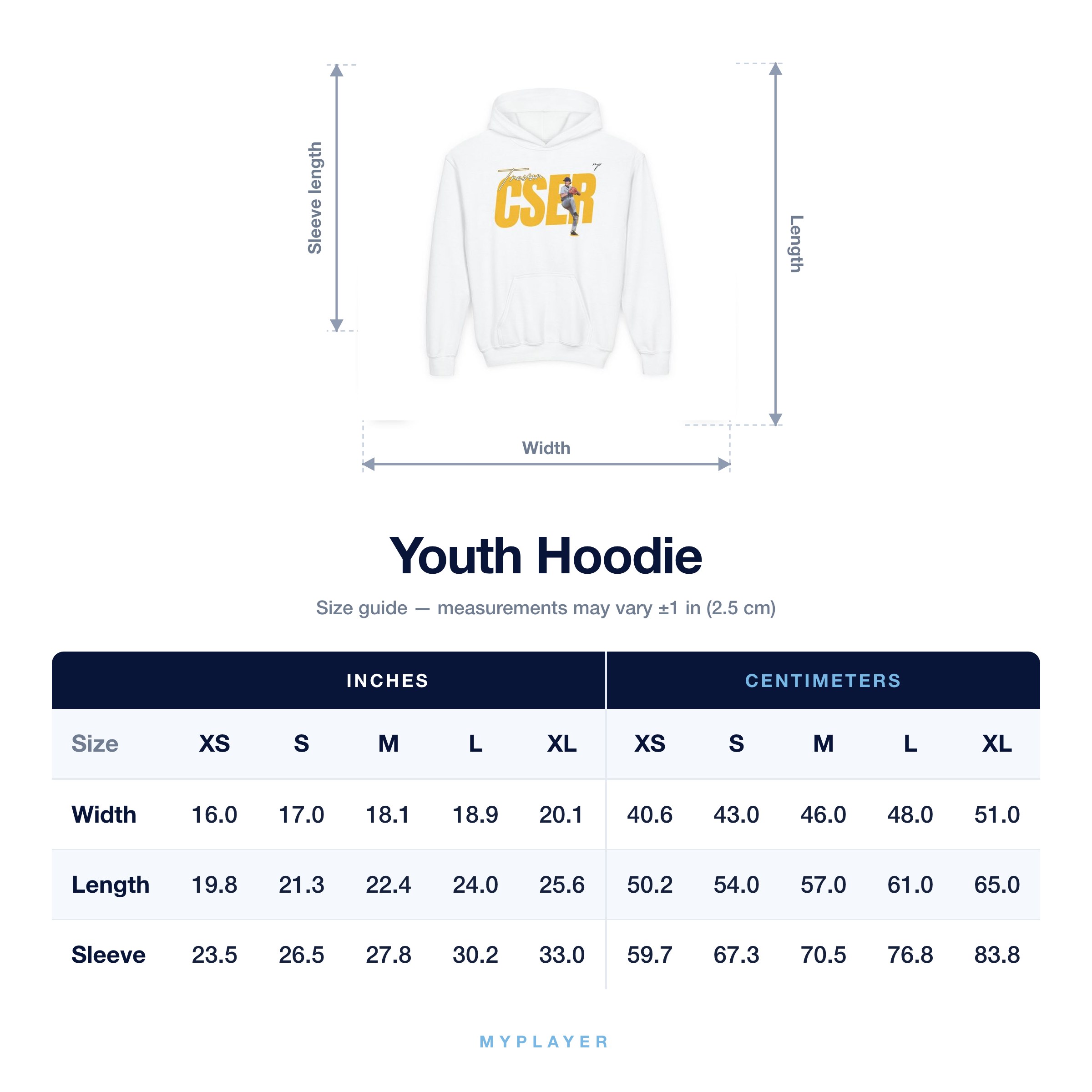 Youth Hoodie size chart