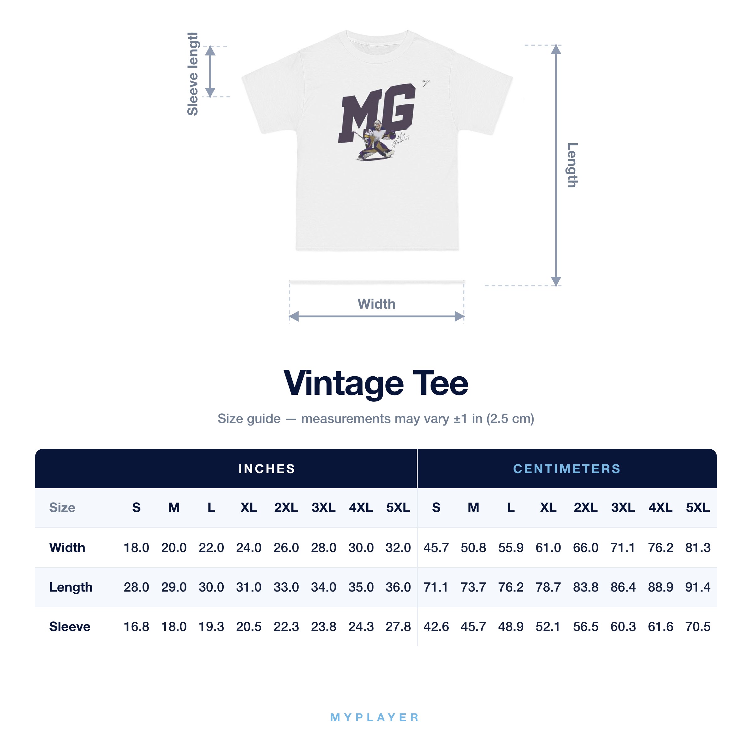 Vintage Tee size chart