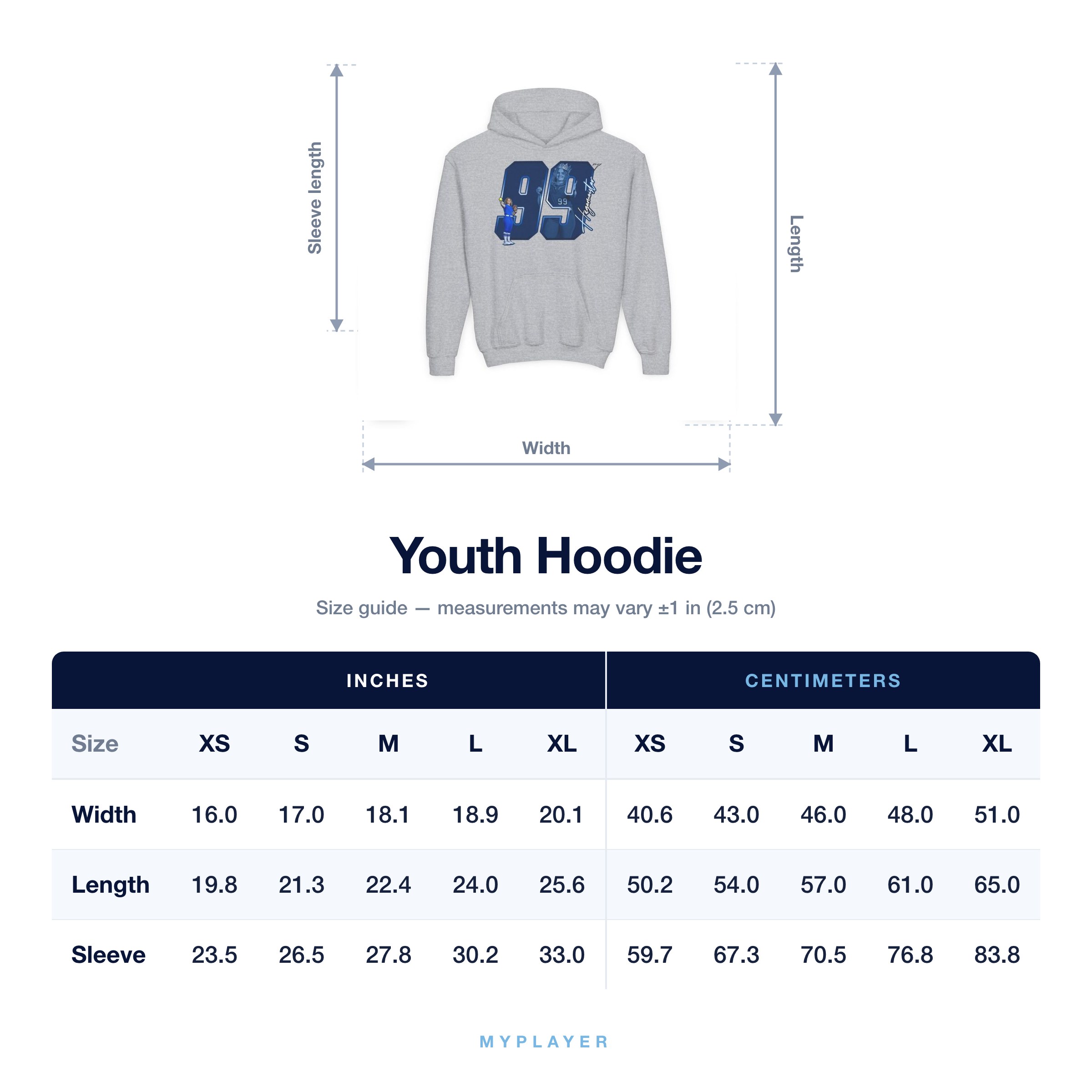 Youth Hoodie size chart