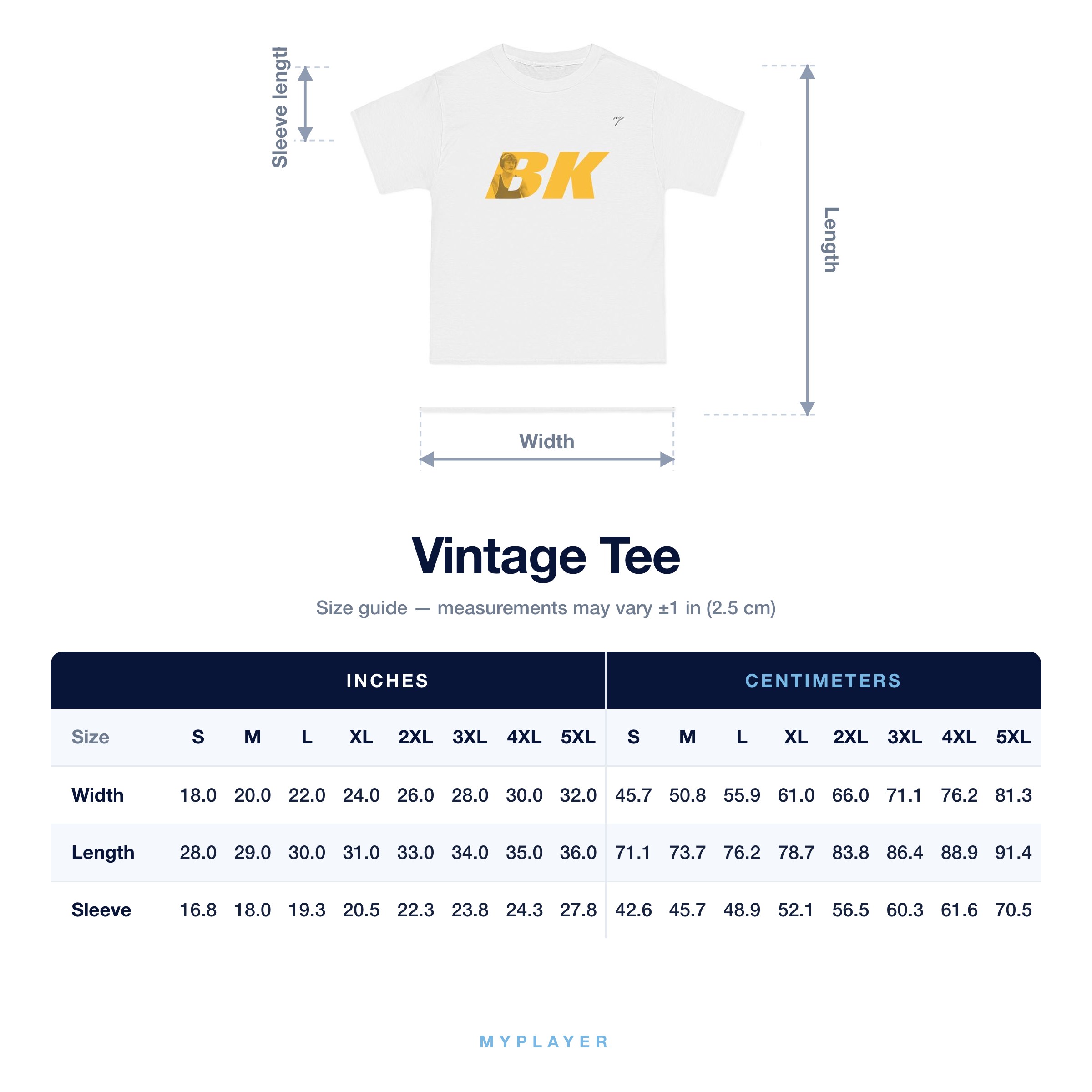 Vintage Tee size chart