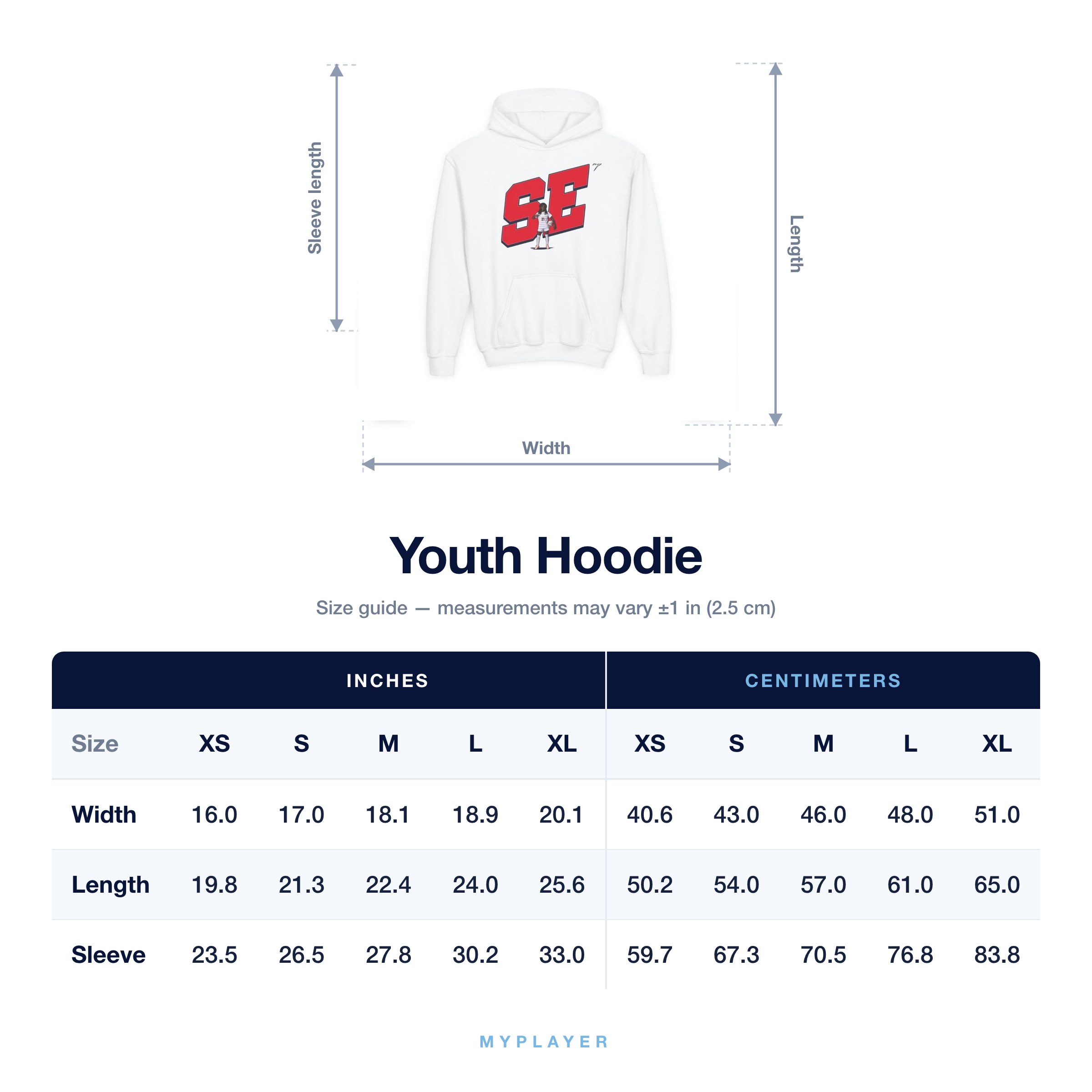 Youth Hoodie size chart
