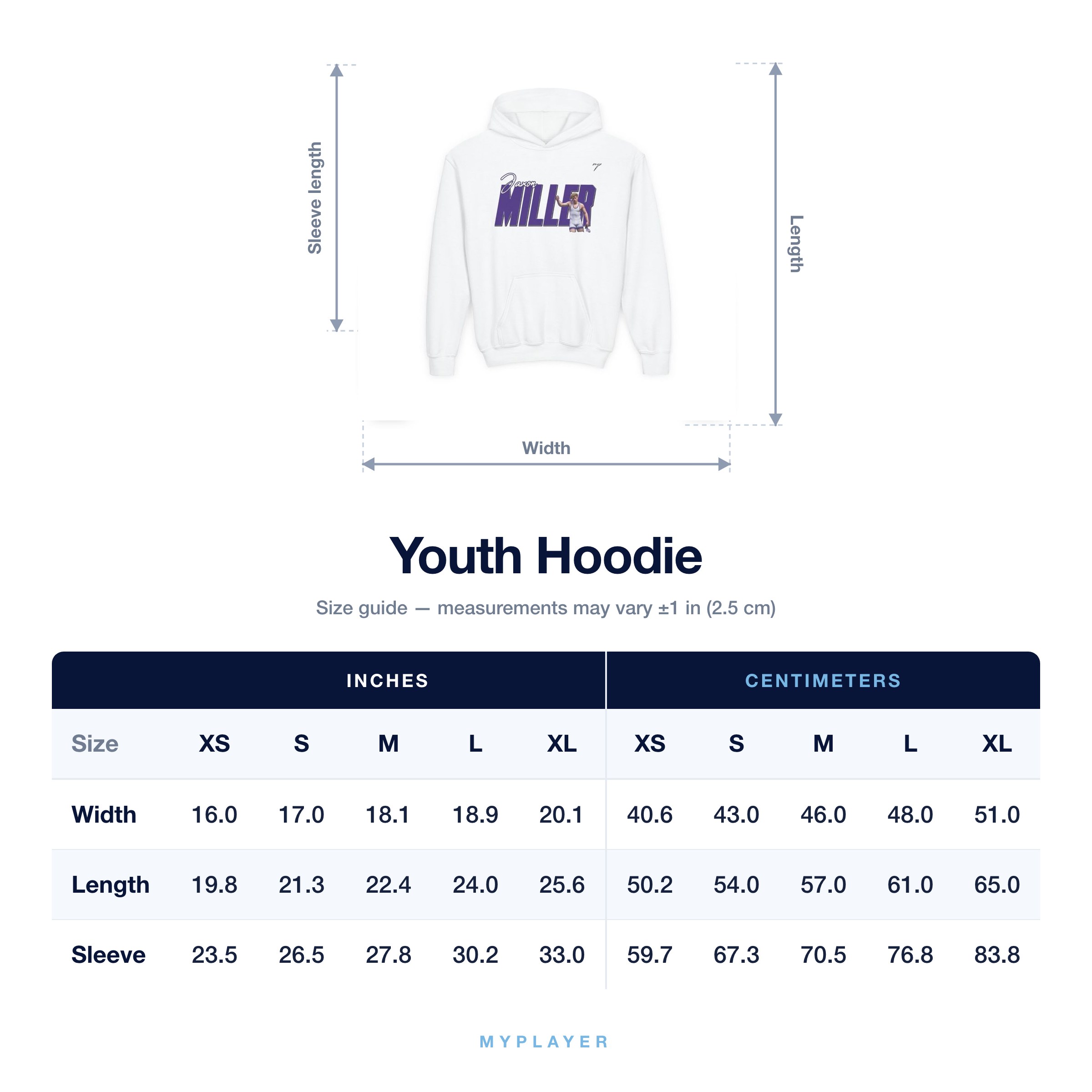 Youth Hoodie size chart