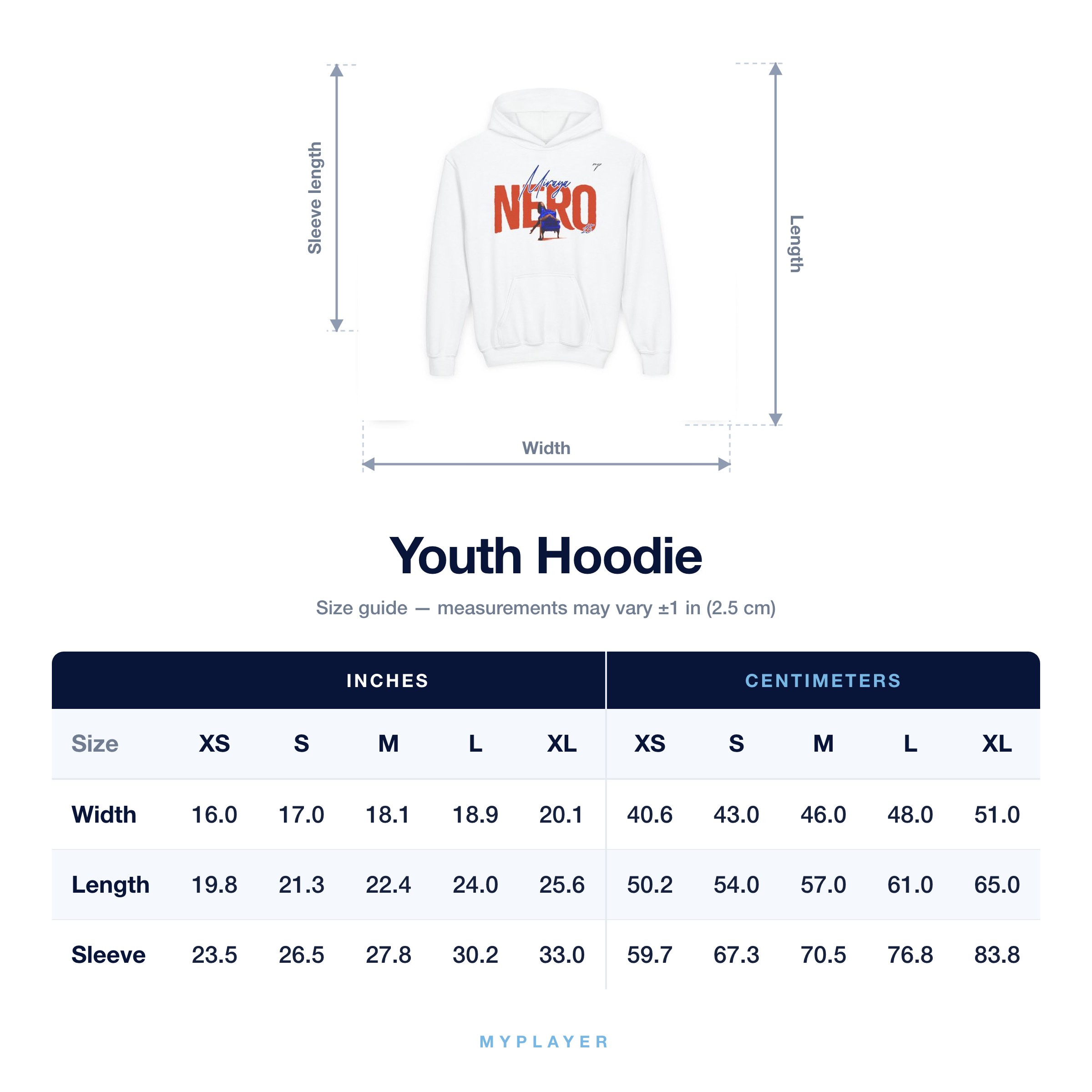 Youth Hoodie size chart