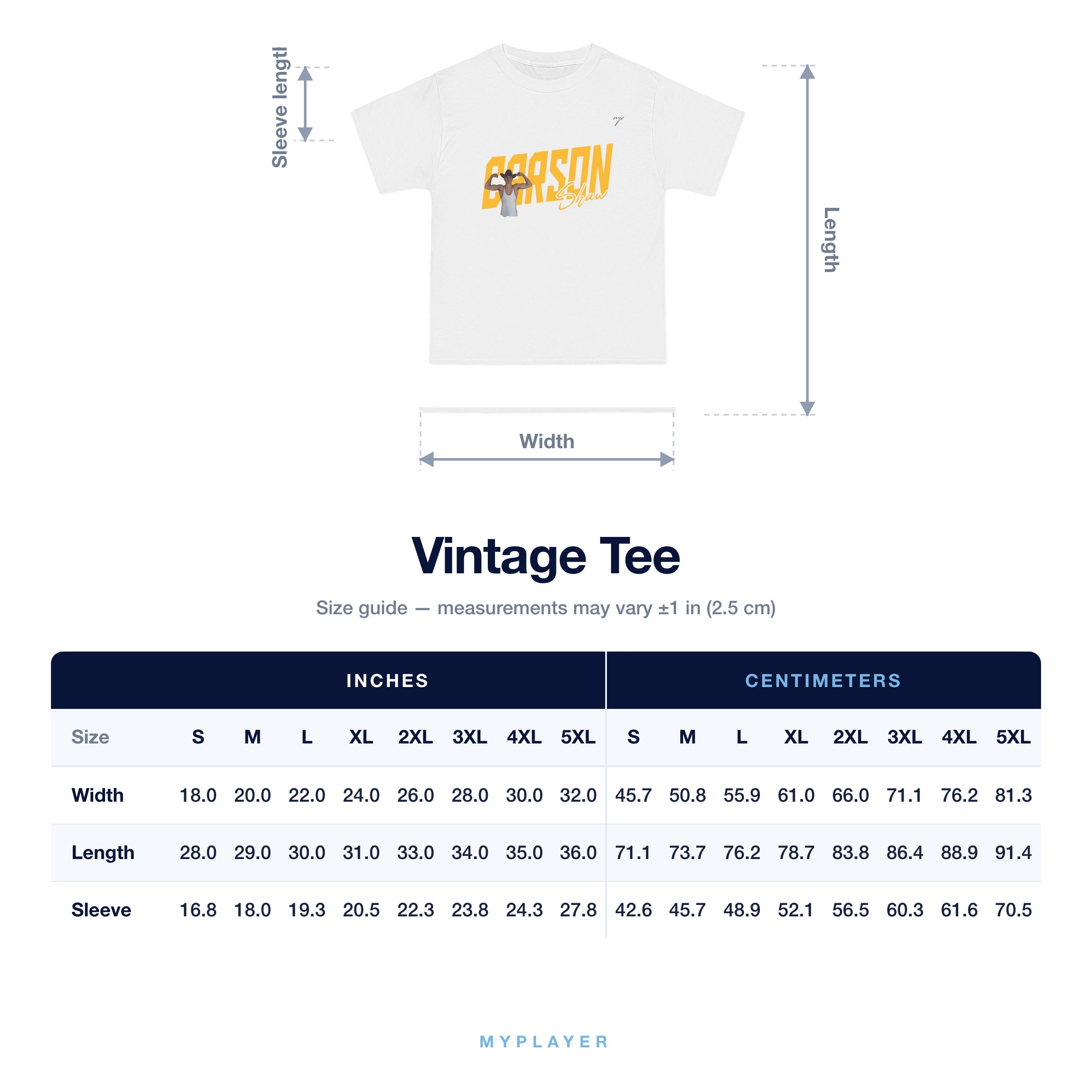 Vintage Tee size chart