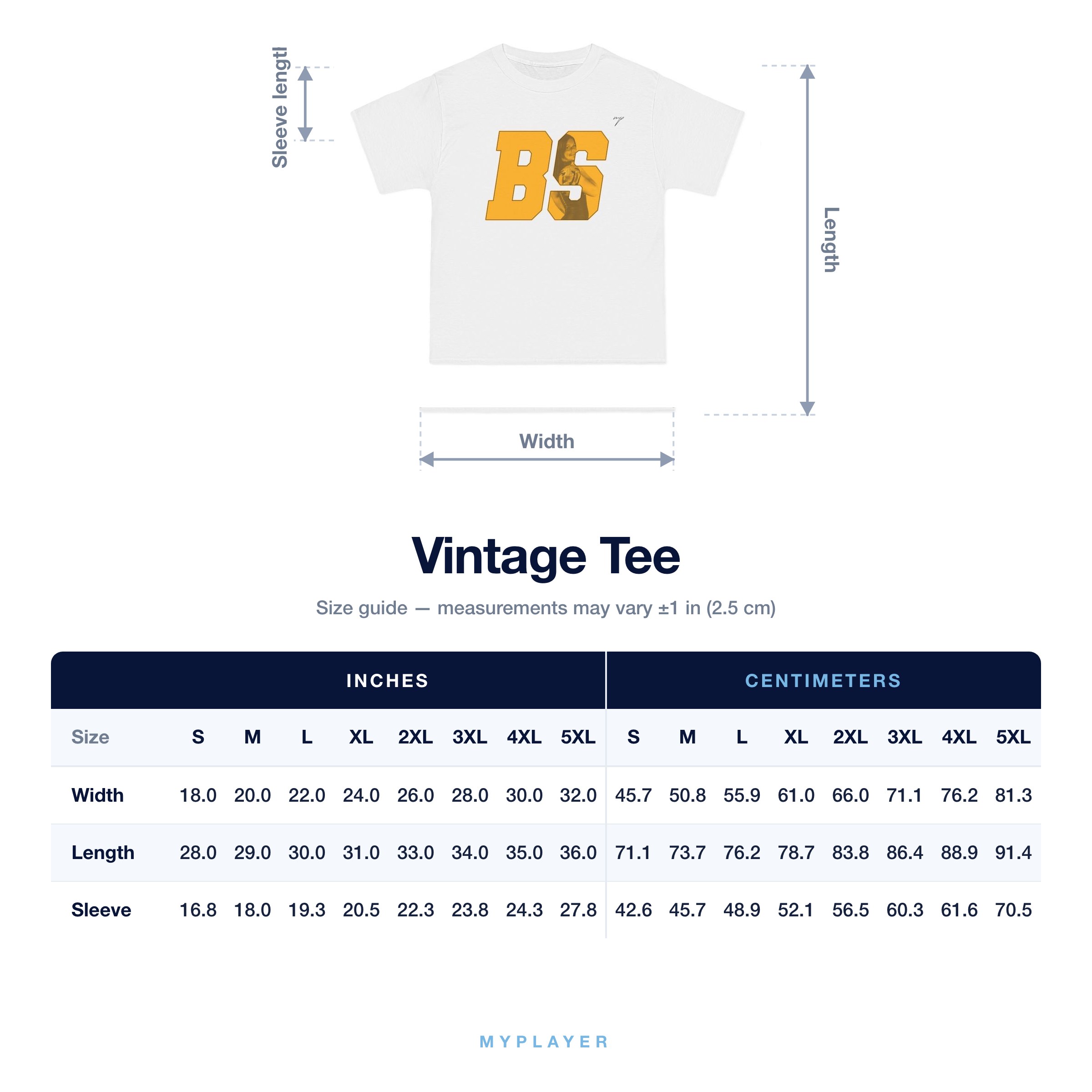 Vintage Tee size chart