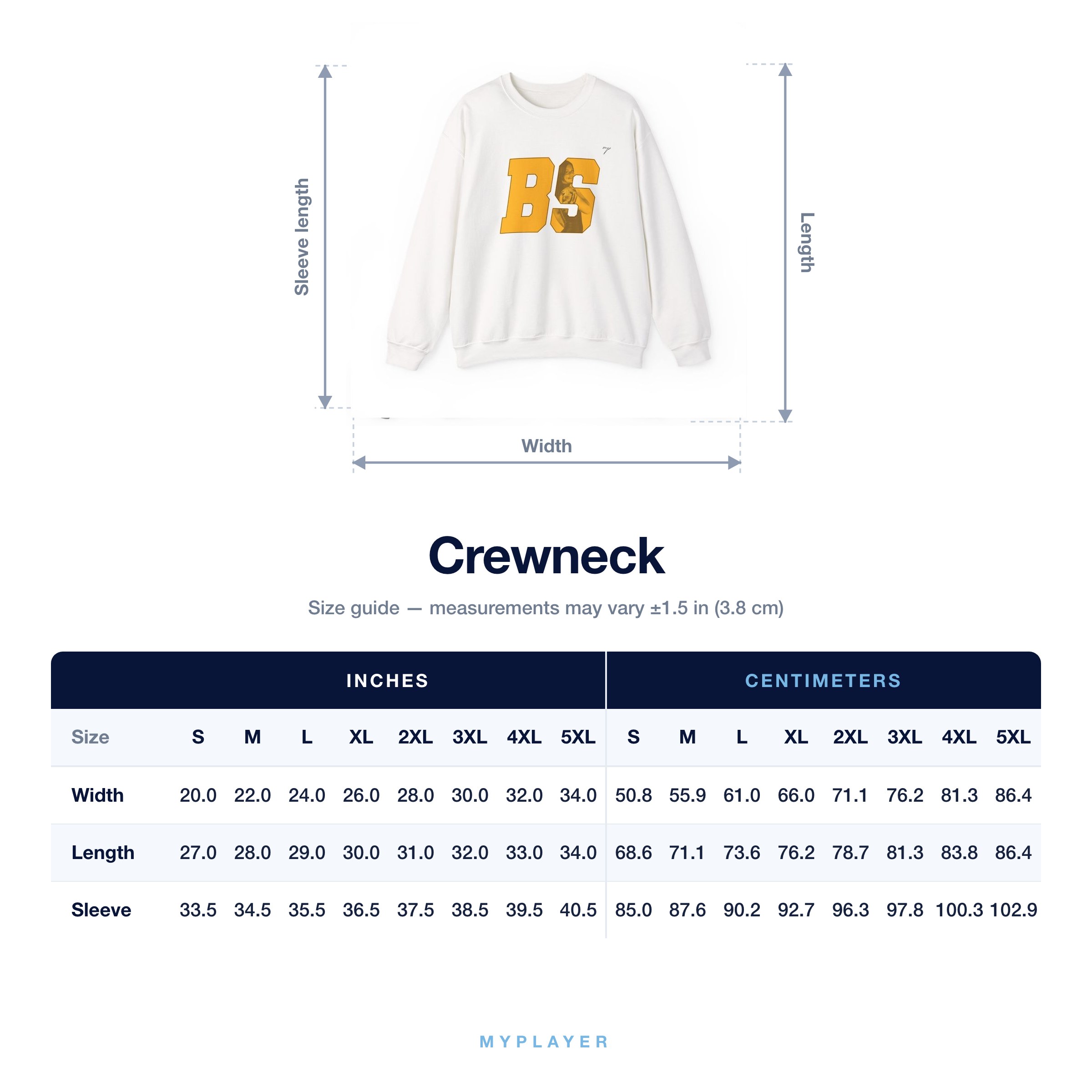 Crewneck size chart