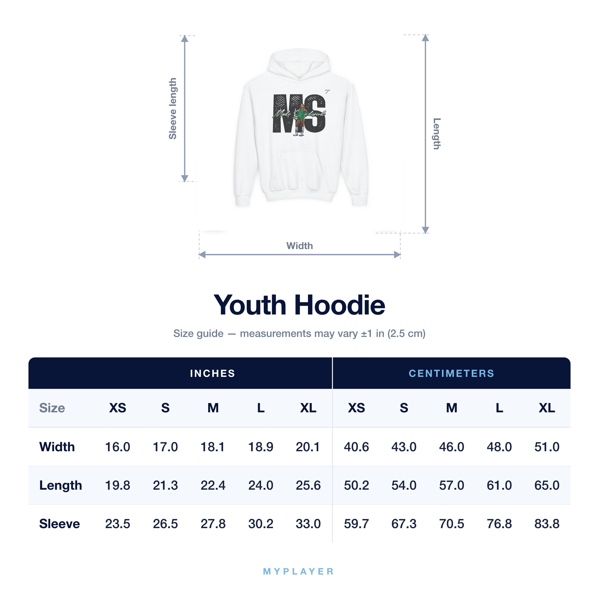 Youth Hoodie size chart
